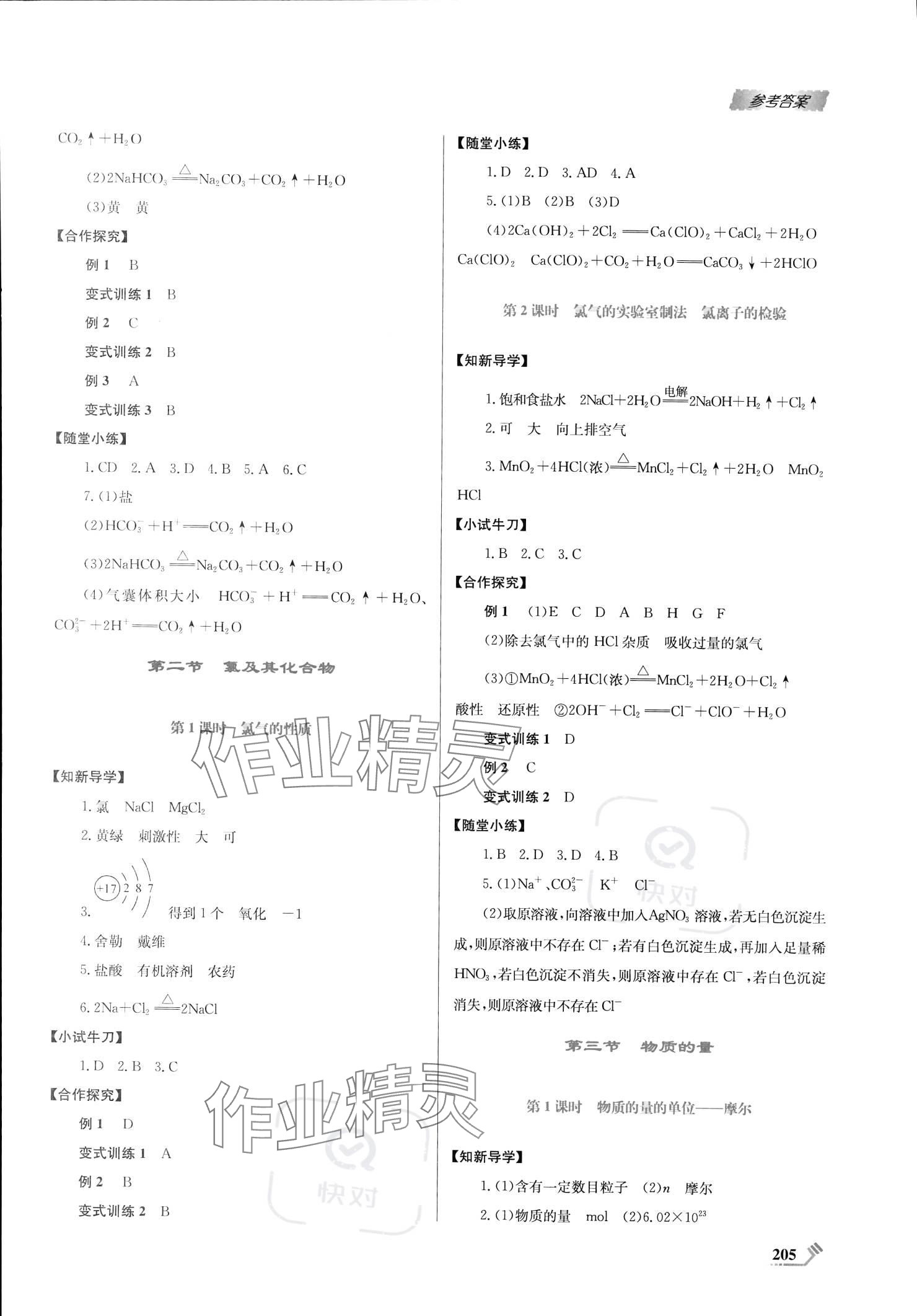 2023年课程标准同步导练高中化学上册人教版 参考答案第5页