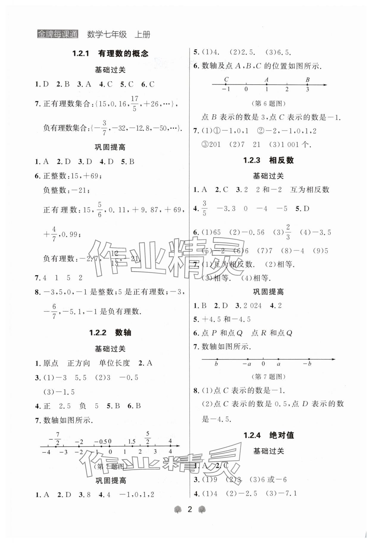 2024年點石成金金牌每課通七年級數(shù)學(xué)上冊人教版遼寧專版 參考答案第2頁