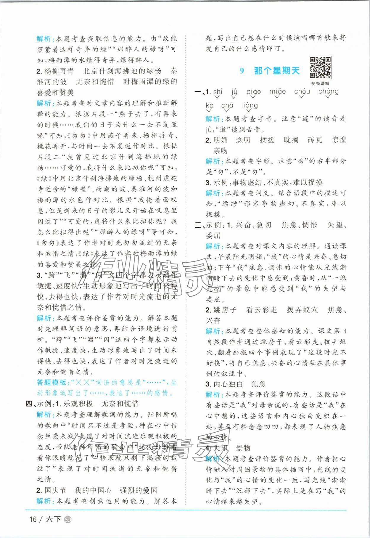 2025年阳光同学课时优化作业六年级语文下册人教版菏泽专版 参考答案第16页