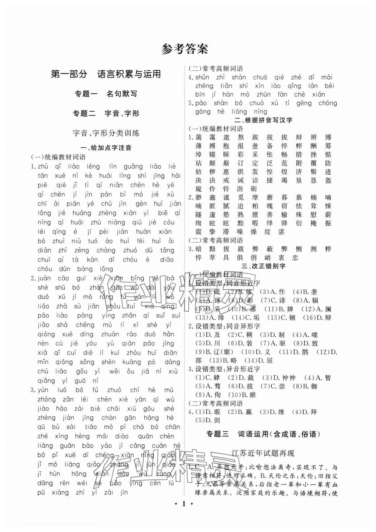 2024年夺冠新中考总复习语文江苏专版 参考答案第1页