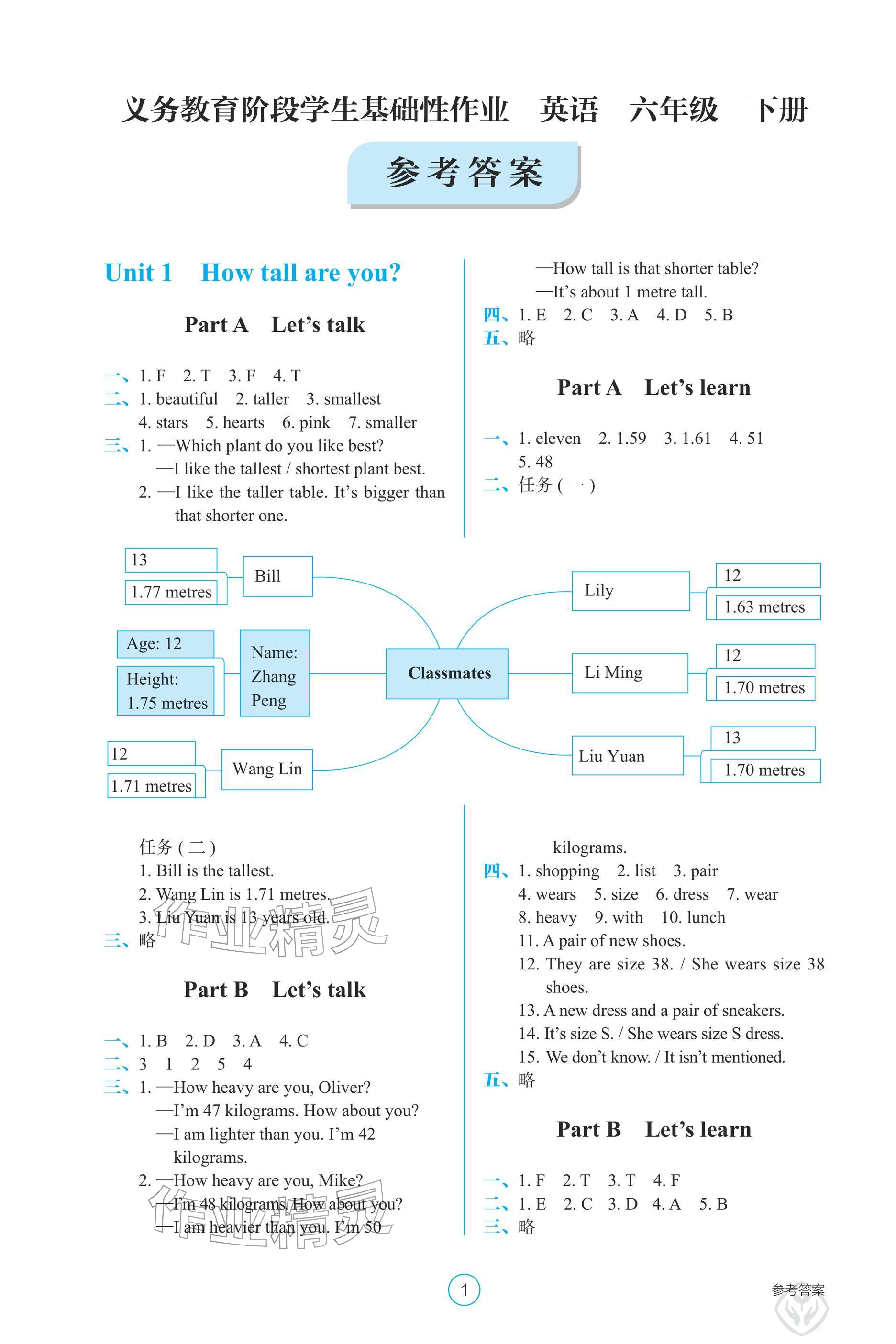 2026年学生基础性作业六年级英语下册人教版&nbsp;参考答案第1页