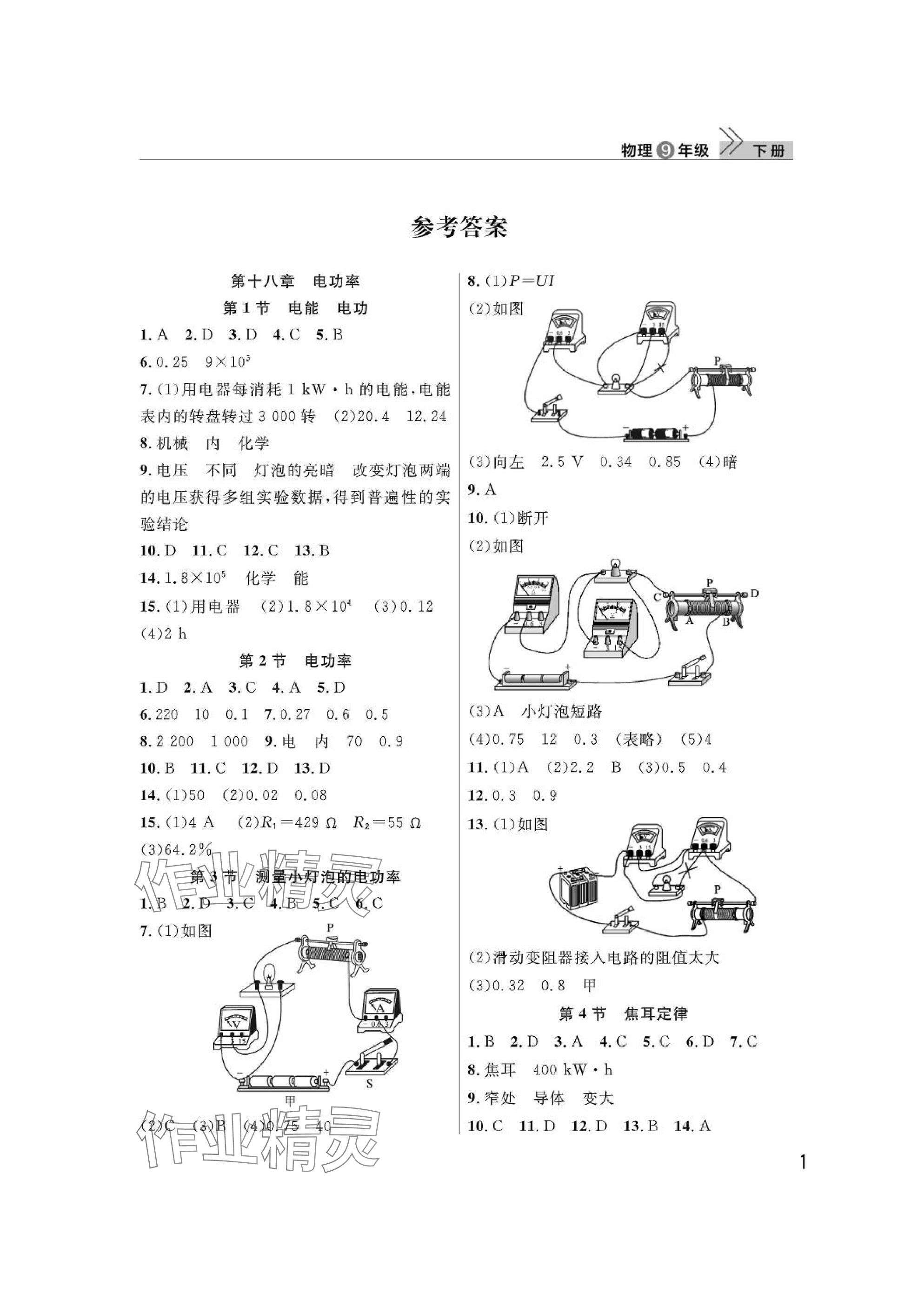 2025年課堂作業(yè)武漢出版社九年級物理下冊人教版 參考答案第1頁