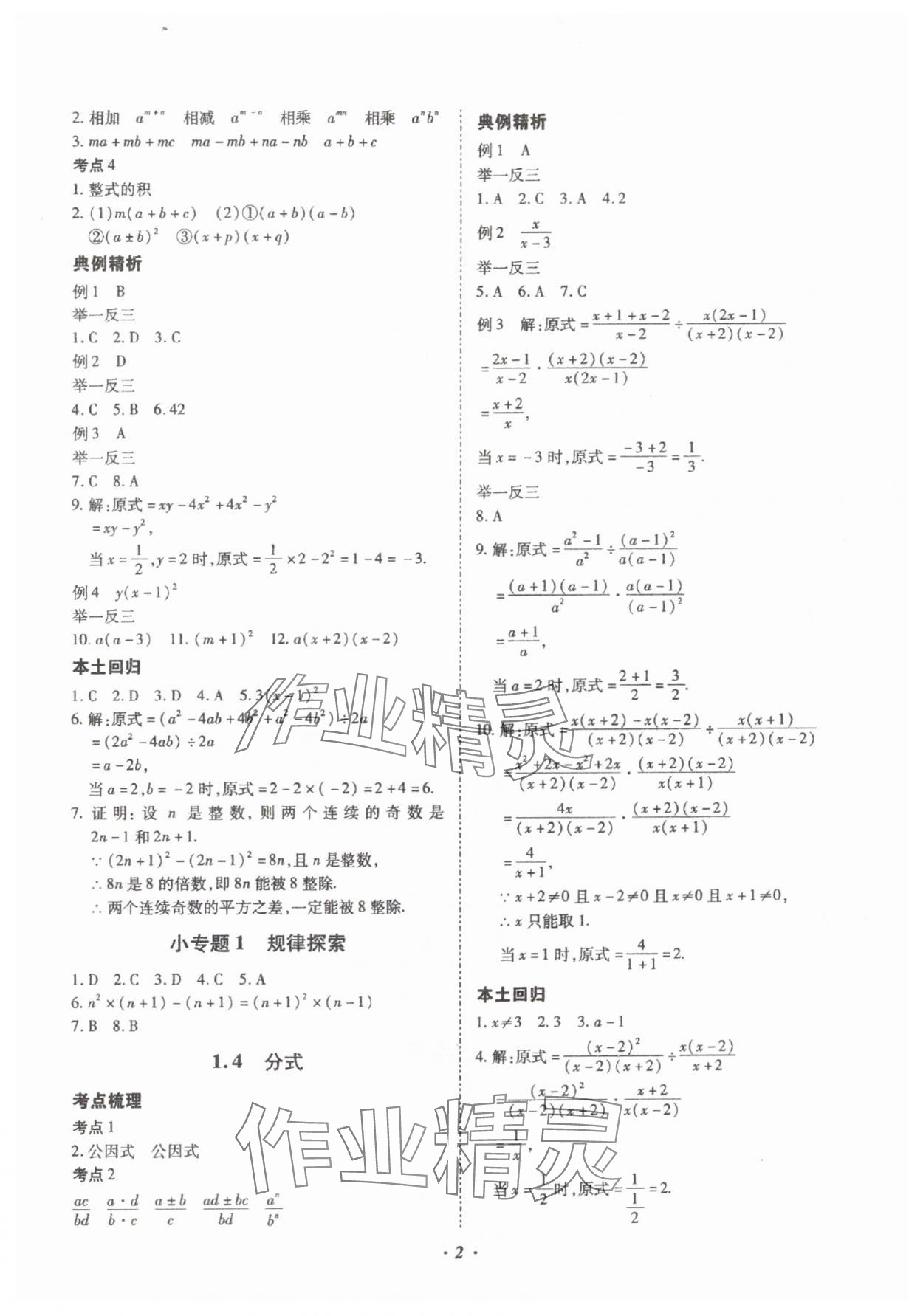 2025年本土攻略精准复习方案数学中考云南专版 参考答案第2页