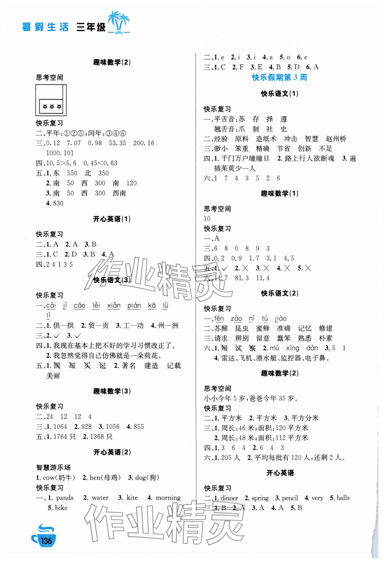 2025年暑假生活安徽科学技术出版社三年级语数综合 第2页