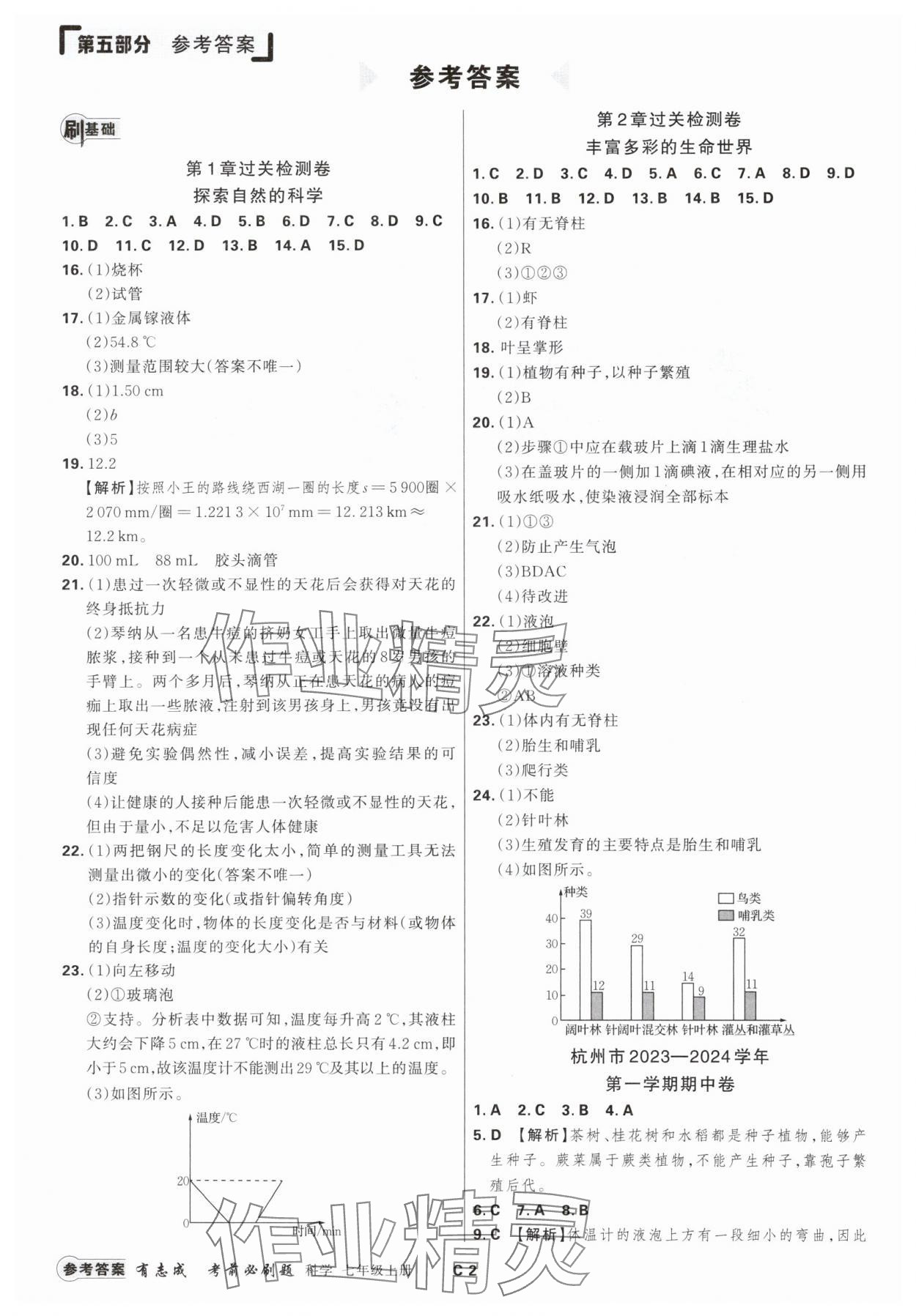 2024年有志成考前必刷題七年級科學上冊浙教版 參考答案第1頁