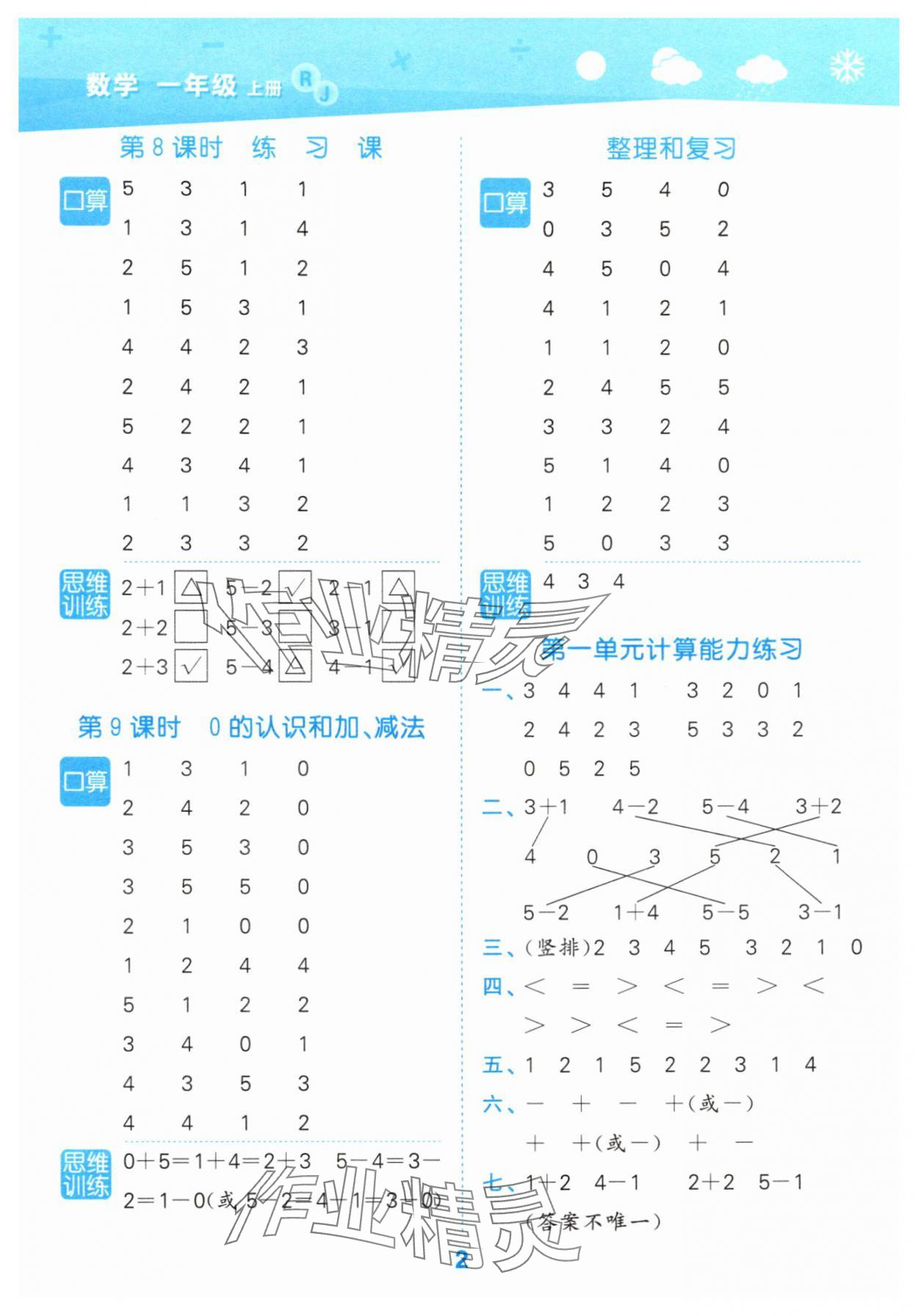 2025年口算大通關(guān)一年級(jí)數(shù)學(xué)上冊(cè)人教版 參考答案第2頁(yè)