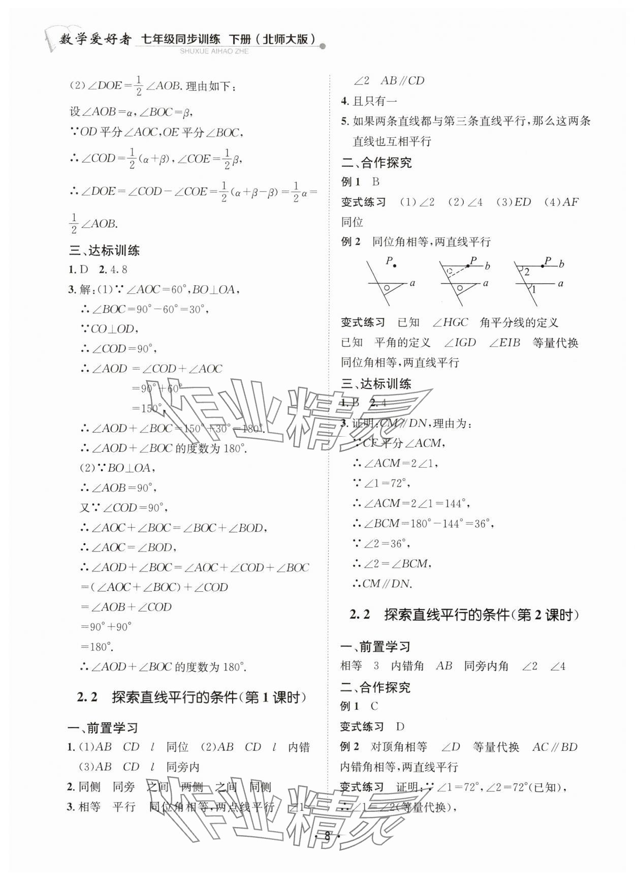 2024年数学爱好者同步训练七年级数学下册北师大版 参考答案第8页