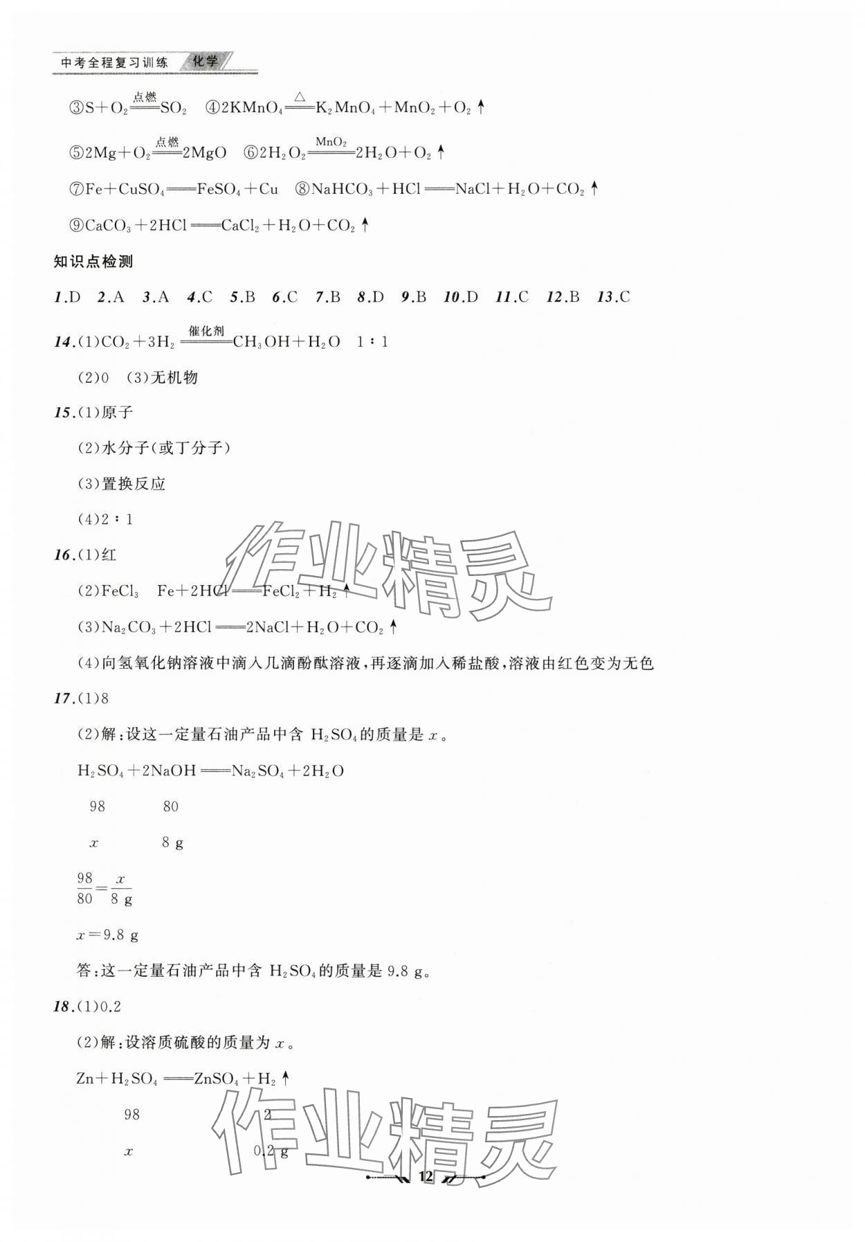 2025年中考全程復習訓練化學遼寧專版 參考答案第12頁