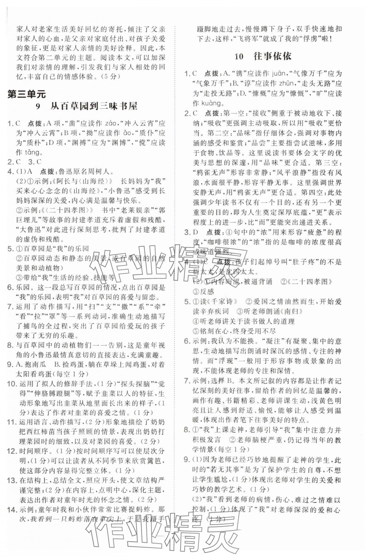 2025年點(diǎn)撥訓(xùn)練七年級語文上冊人教版遼寧專版 參考答案第7頁