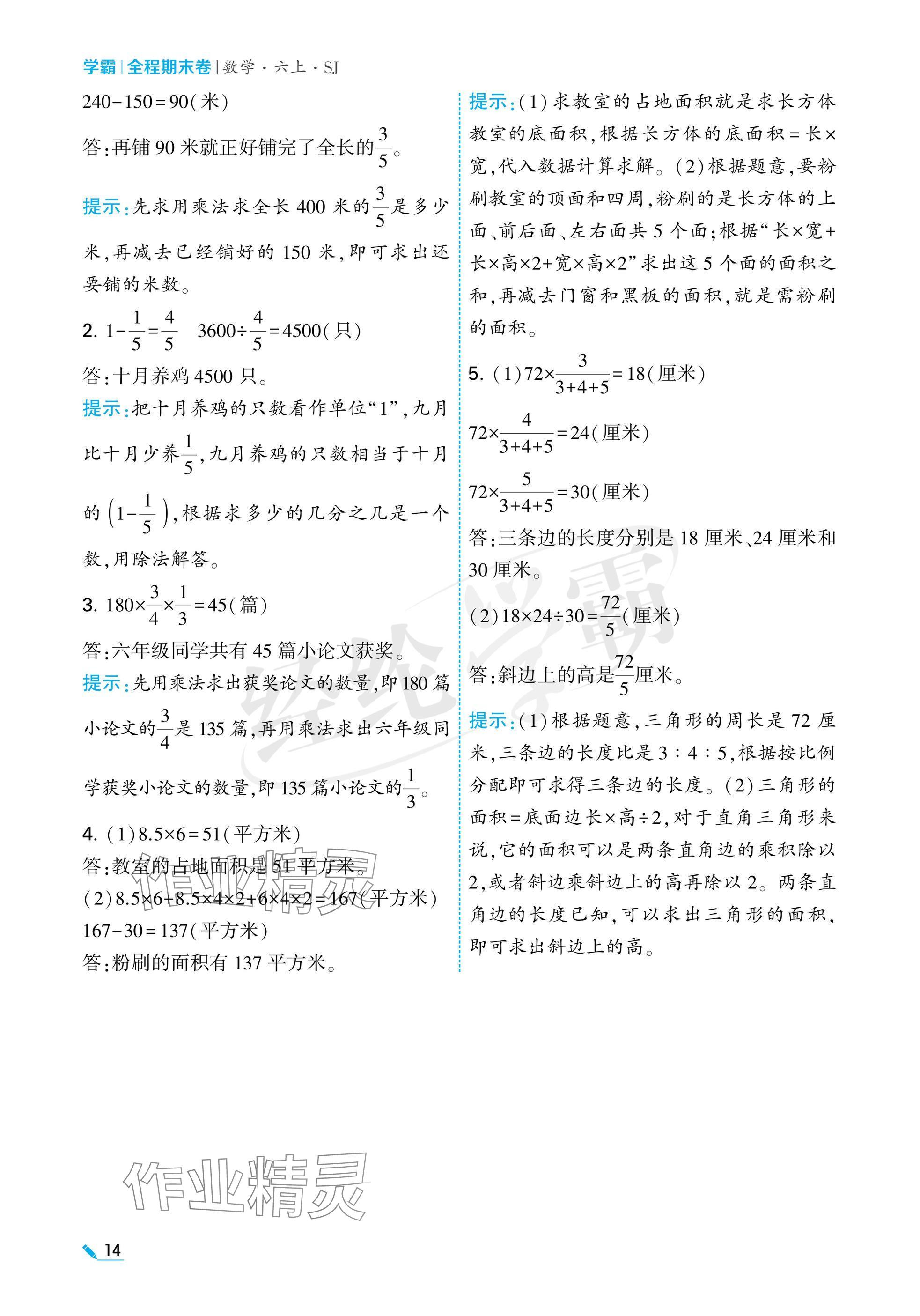 2024年学霸期末必刷卷六年级数学上册苏教版 参考答案第14页