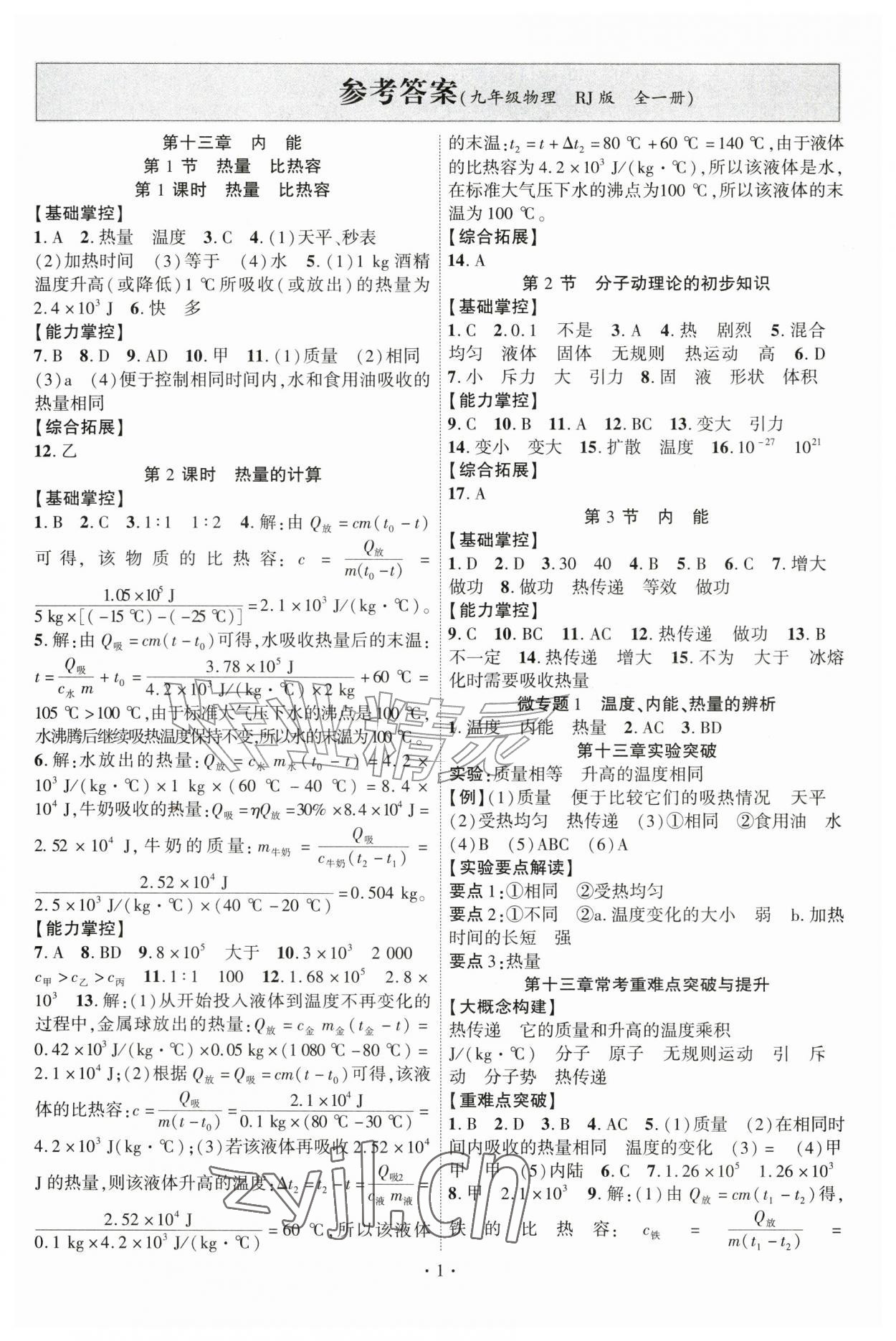 2026年课时掌控九年级物理全一册人教版&nbsp;第1页