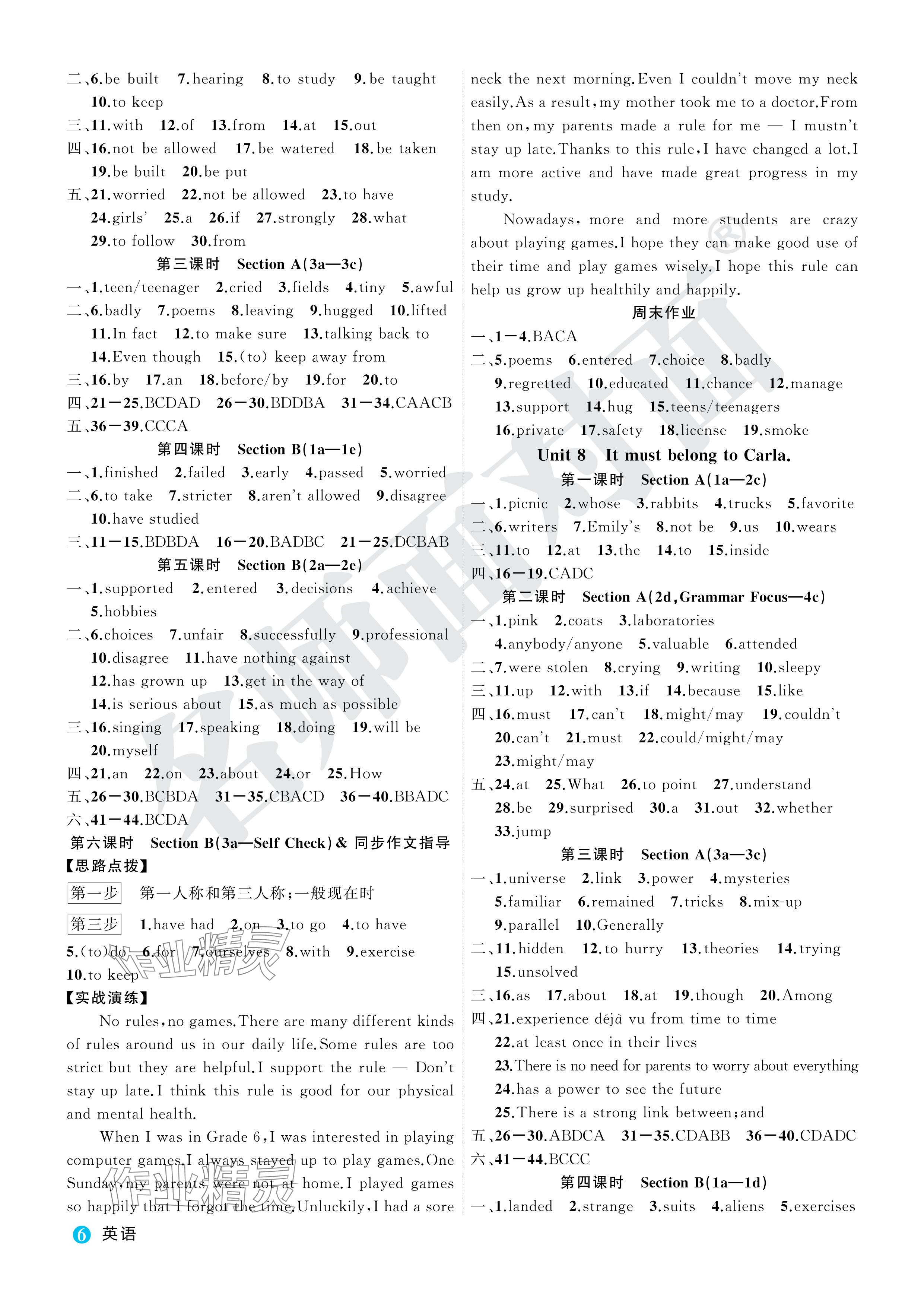 2024年名師面對面學科素養(yǎng)評價九年級英語全一冊人教版 參考答案第6頁