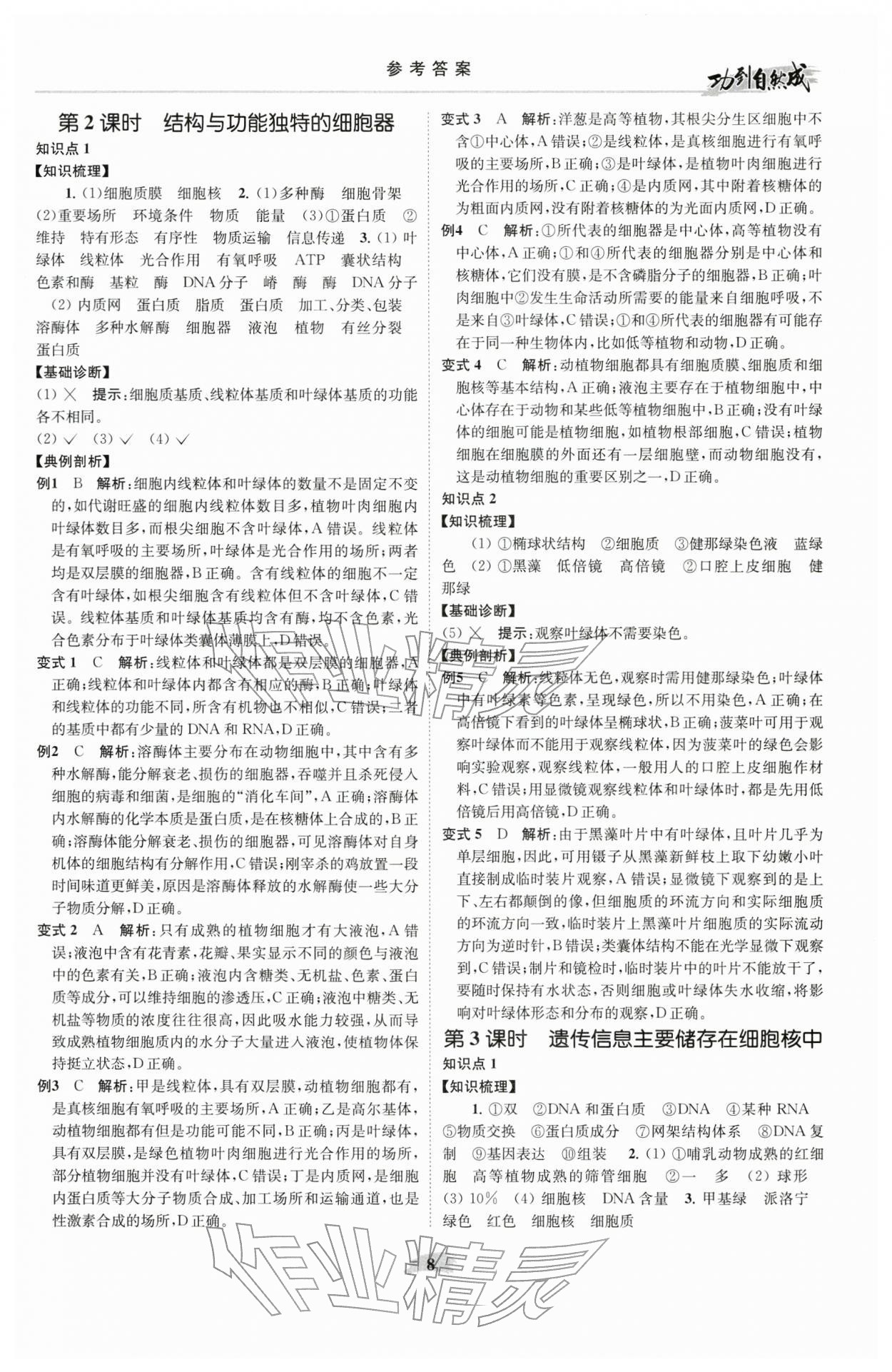 2025年功到自然成课时导学案高中生物必修1苏教版 参考答案第8页