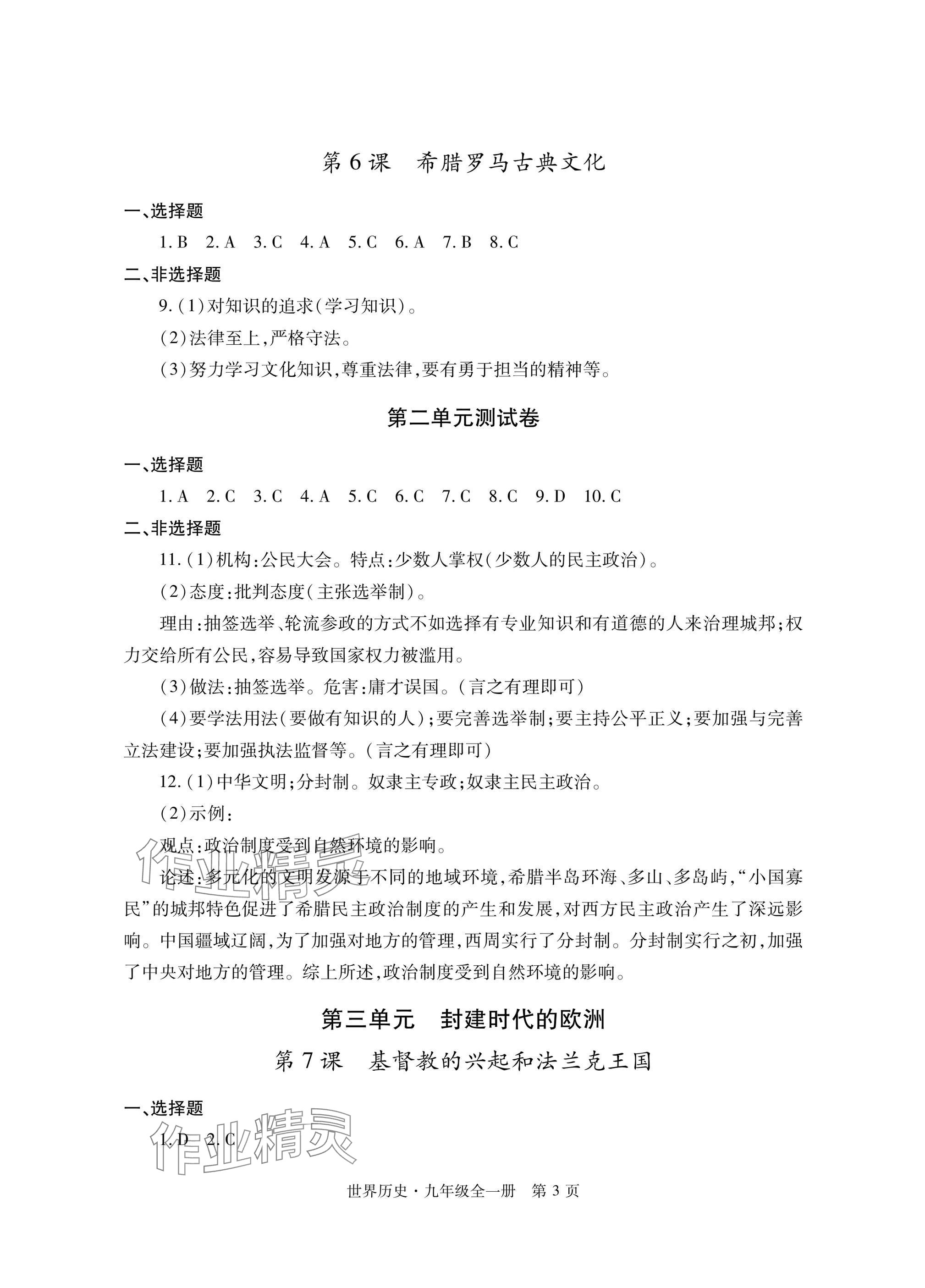 2025年自主学习指导课程与测试九年级历史全一册人教版&nbsp;参考答案第3页