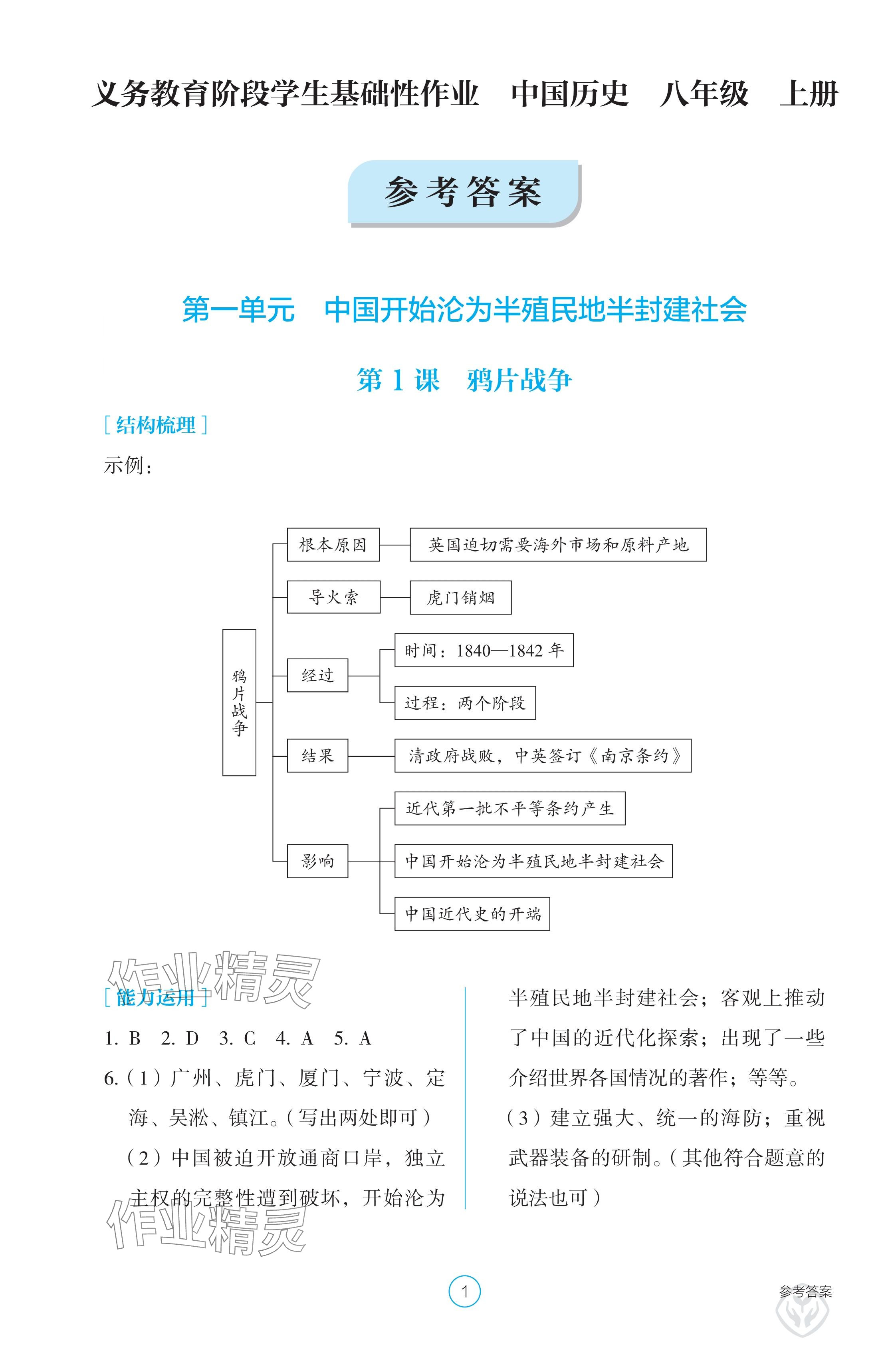 2024年學(xué)生基礎(chǔ)性作業(yè)八年級(jí)歷史上冊(cè)人教版 參考答案第1頁