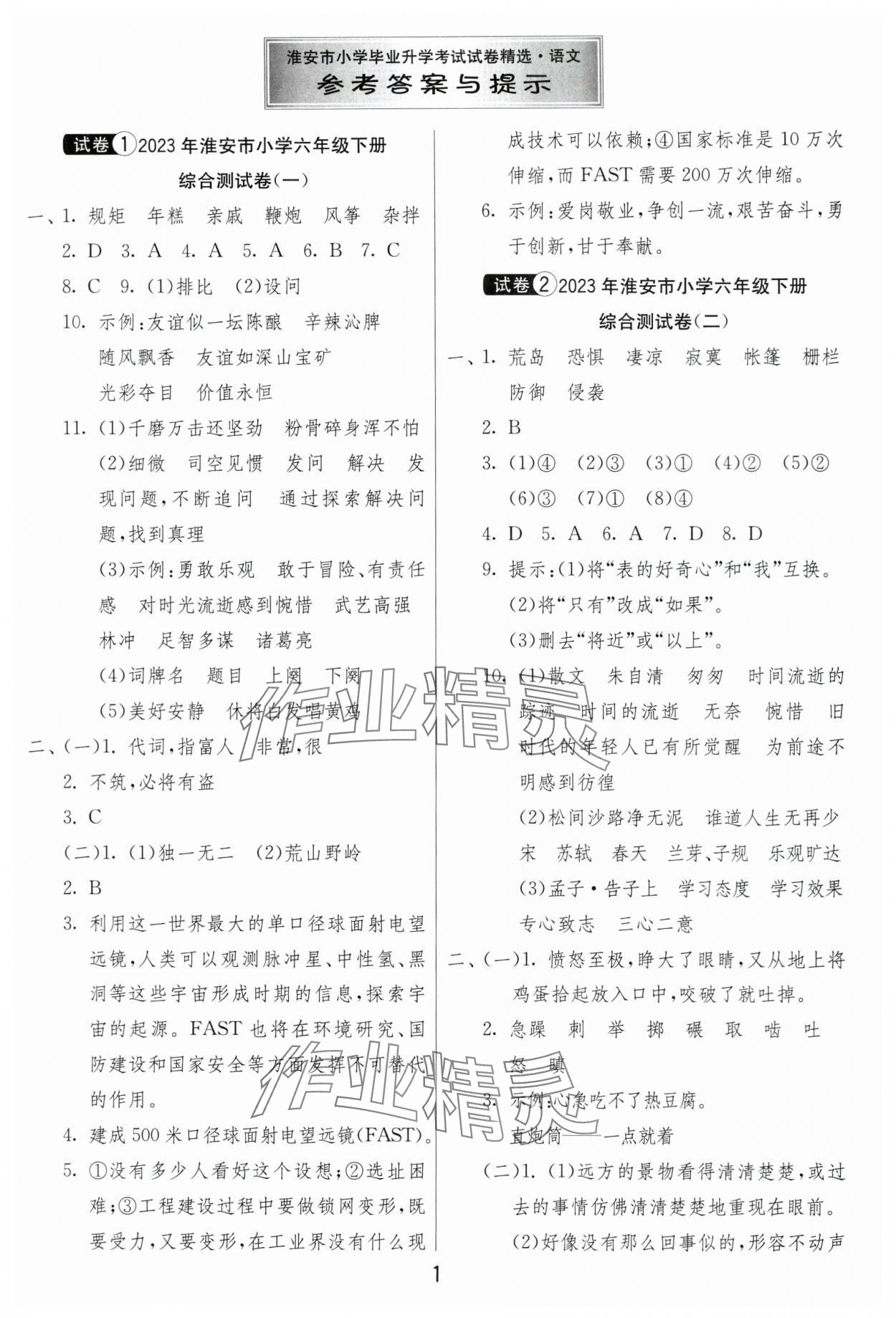 2024年考必胜小学毕业升学考试试卷精选语文淮安专版 第1页