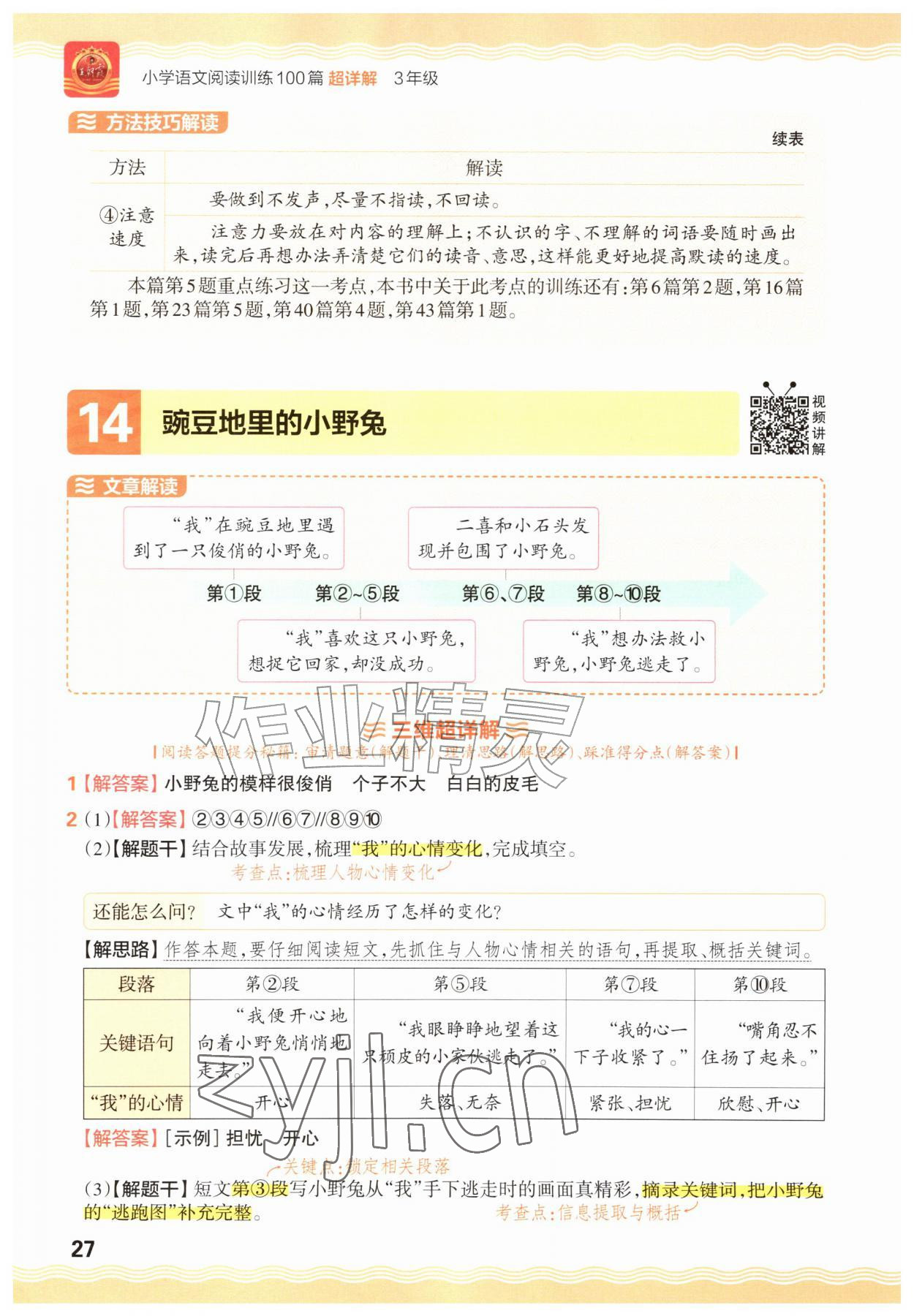 2026年王朝霞小学语文阅读训练100篇三年级&nbsp;参考答案第27页