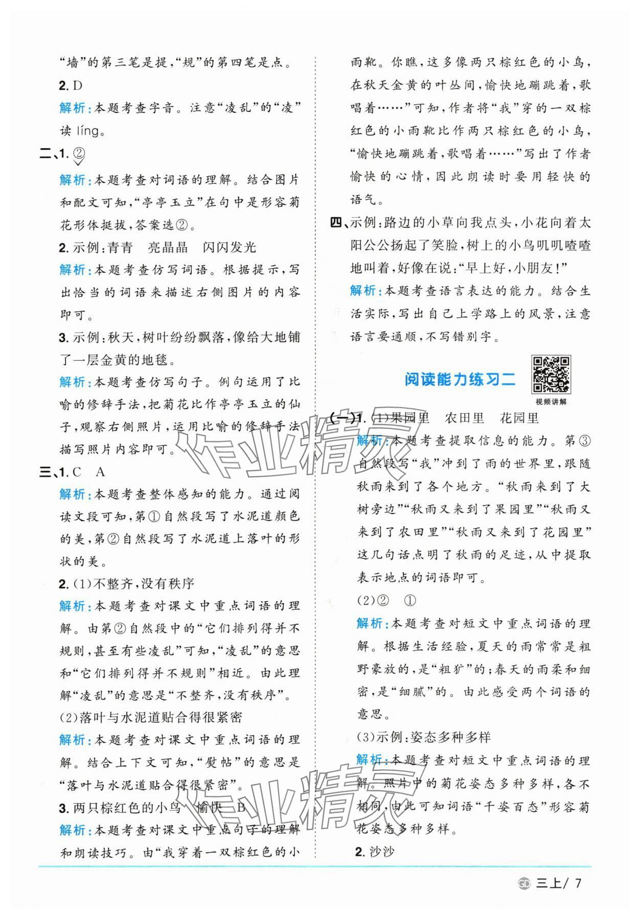 2024年阳光同学课时优化作业三年级语文上册人教版广东专版 参考答案第7页