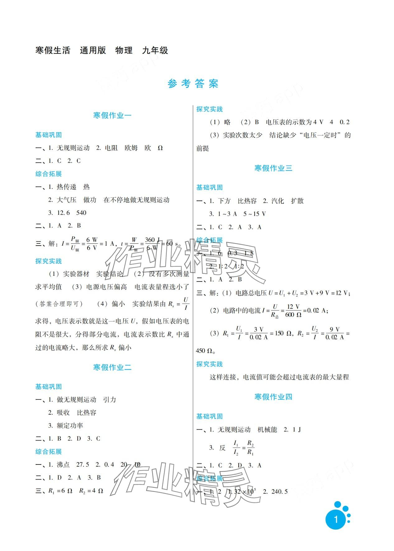 2024年寒假生活河北少年兒童出版社九年級物理 第1頁