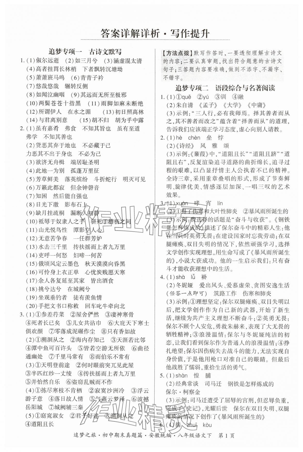 2025年追梦之旅初中期末真题篇八年级语文下册人教版安徽专版 参考答案第1页