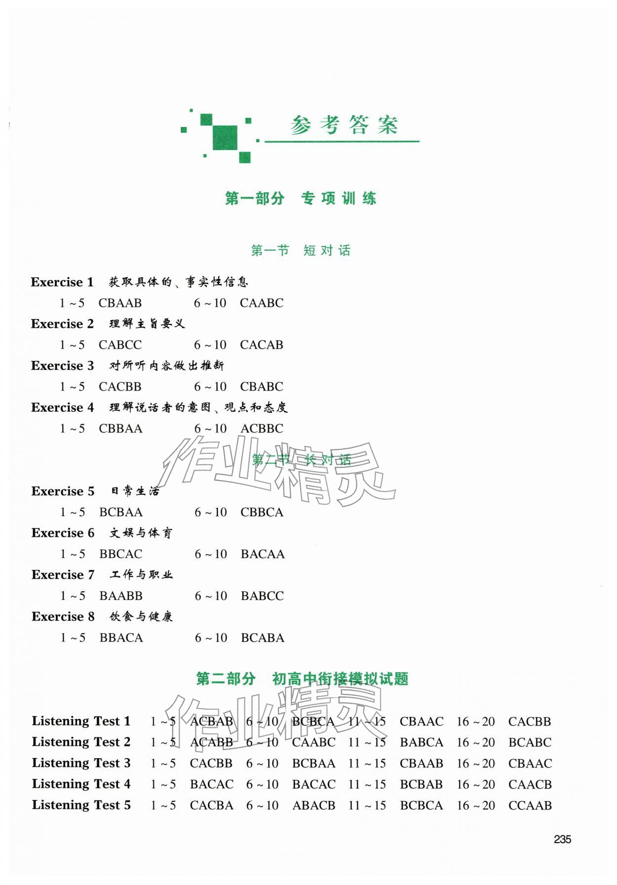 2025年艾斯英语听力模拟试题精编基础训练 参考答案第1页