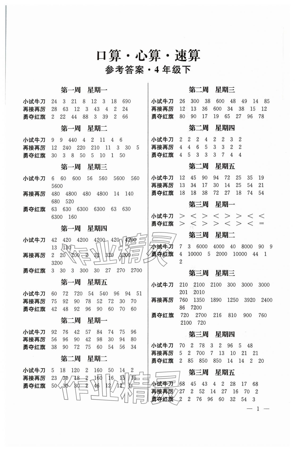 2024年口算心算速算江蘇鳳凰美術(shù)出版社四年級數(shù)學下冊蘇教版 第1頁