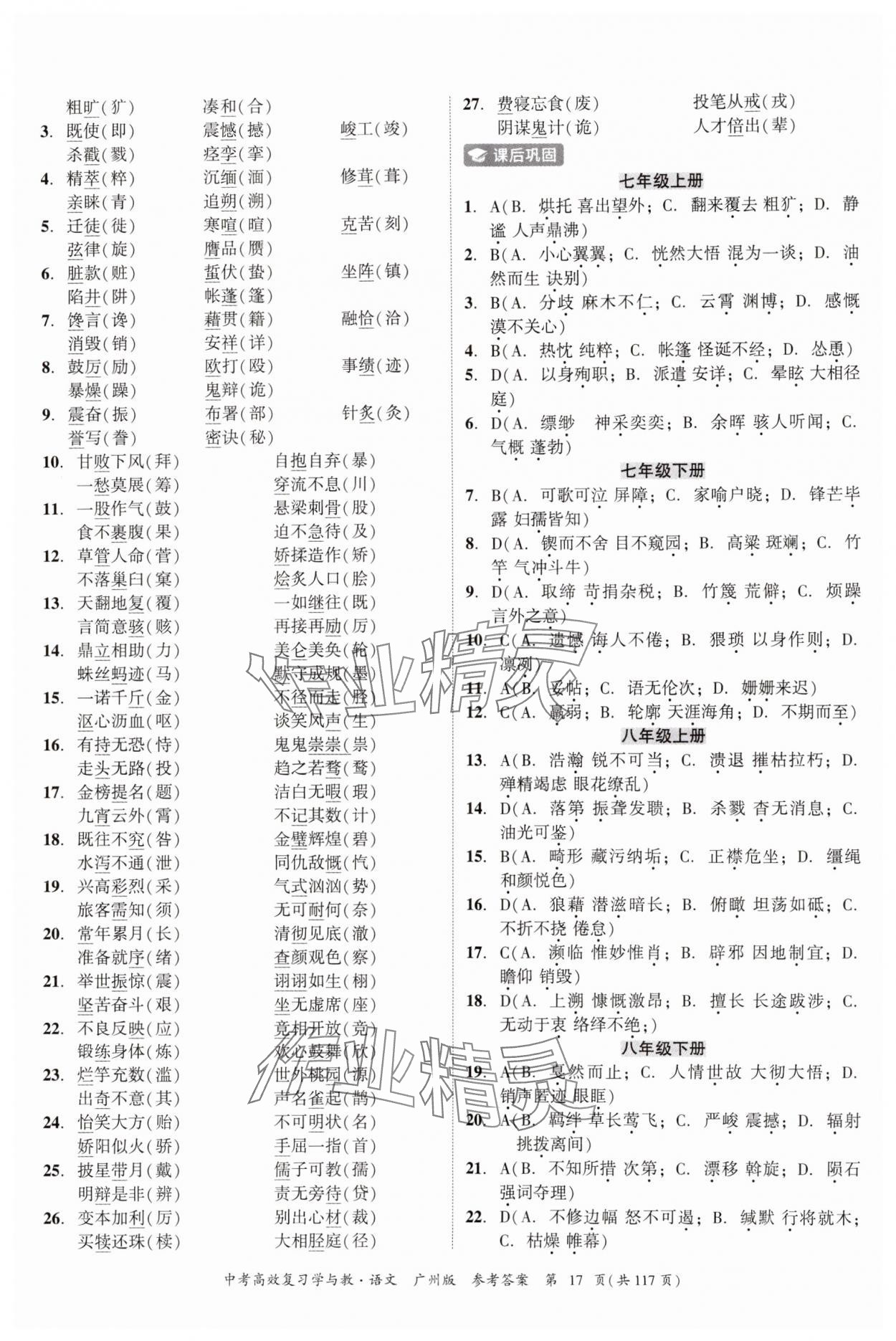 2024年中考高效復習學與教語文廣州專版 參考答案第17頁