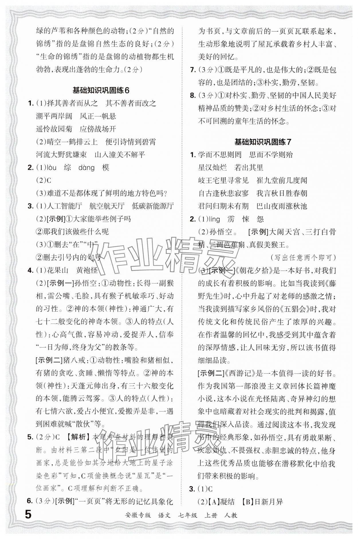 2024年王朝霞各地期末試卷精選七年級(jí)語文上冊(cè)人教版安徽專版 參考答案第5頁