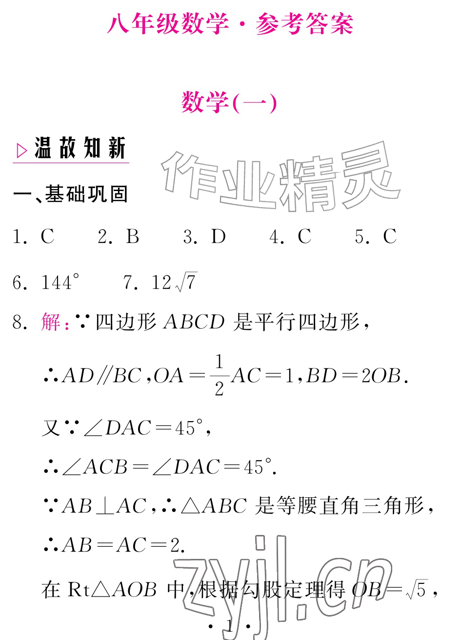 2026年天舟文化精彩暑假团结出版社八年级数学全一册湘教版&nbsp;参考答案第1页