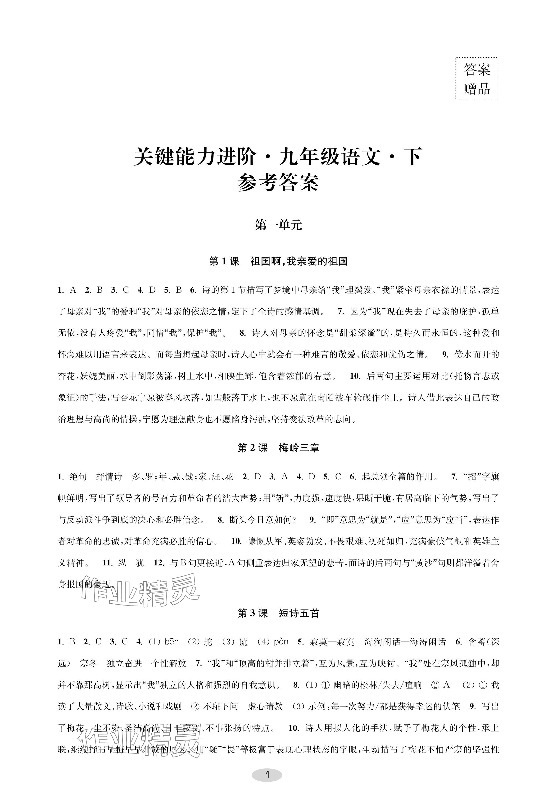 2024年關鍵能力進階九年級語文下冊人教版 參考答案第1頁