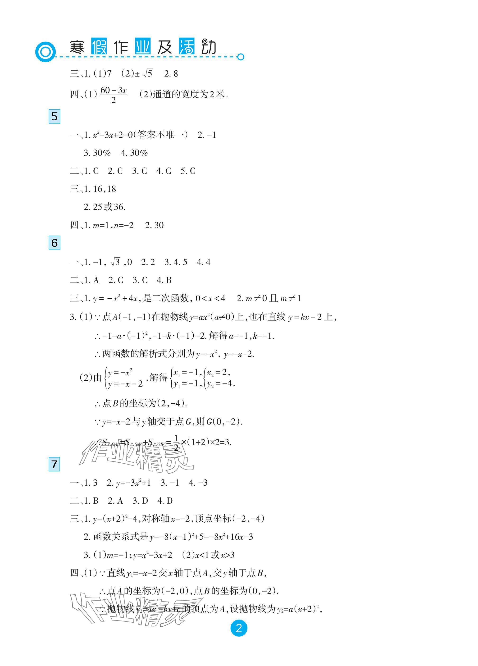 2025年寒假作業(yè)及活動九年級數(shù)學 參考答案第2頁