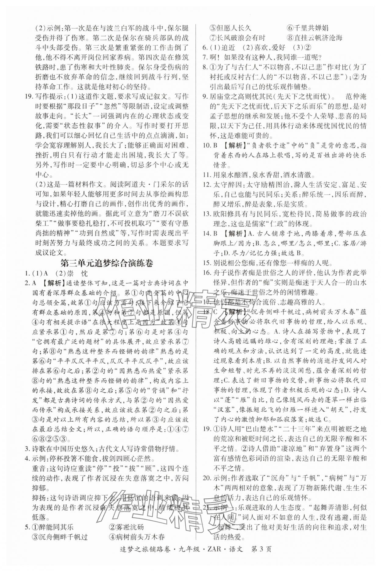2024年追夢之旅鋪路卷九年級語文全一冊人教版河南專版 參考答案第3頁