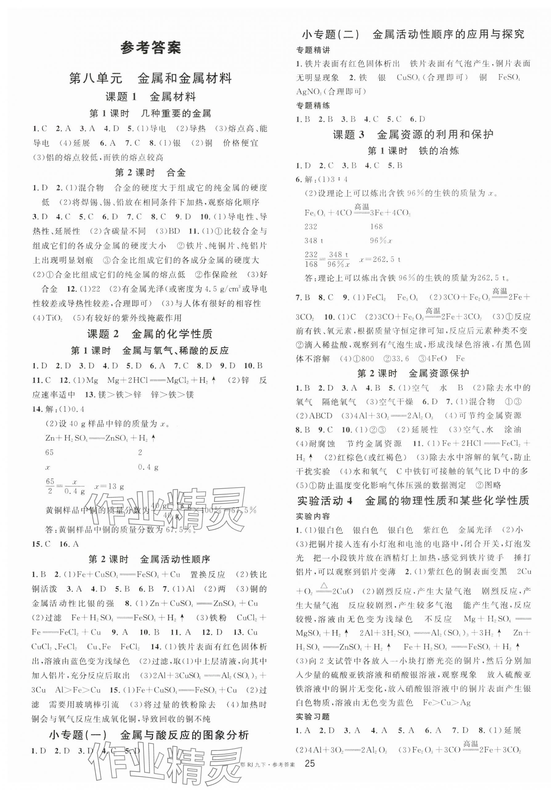 2024年名校課堂九年級化學下冊人教版湖北專版 第1頁