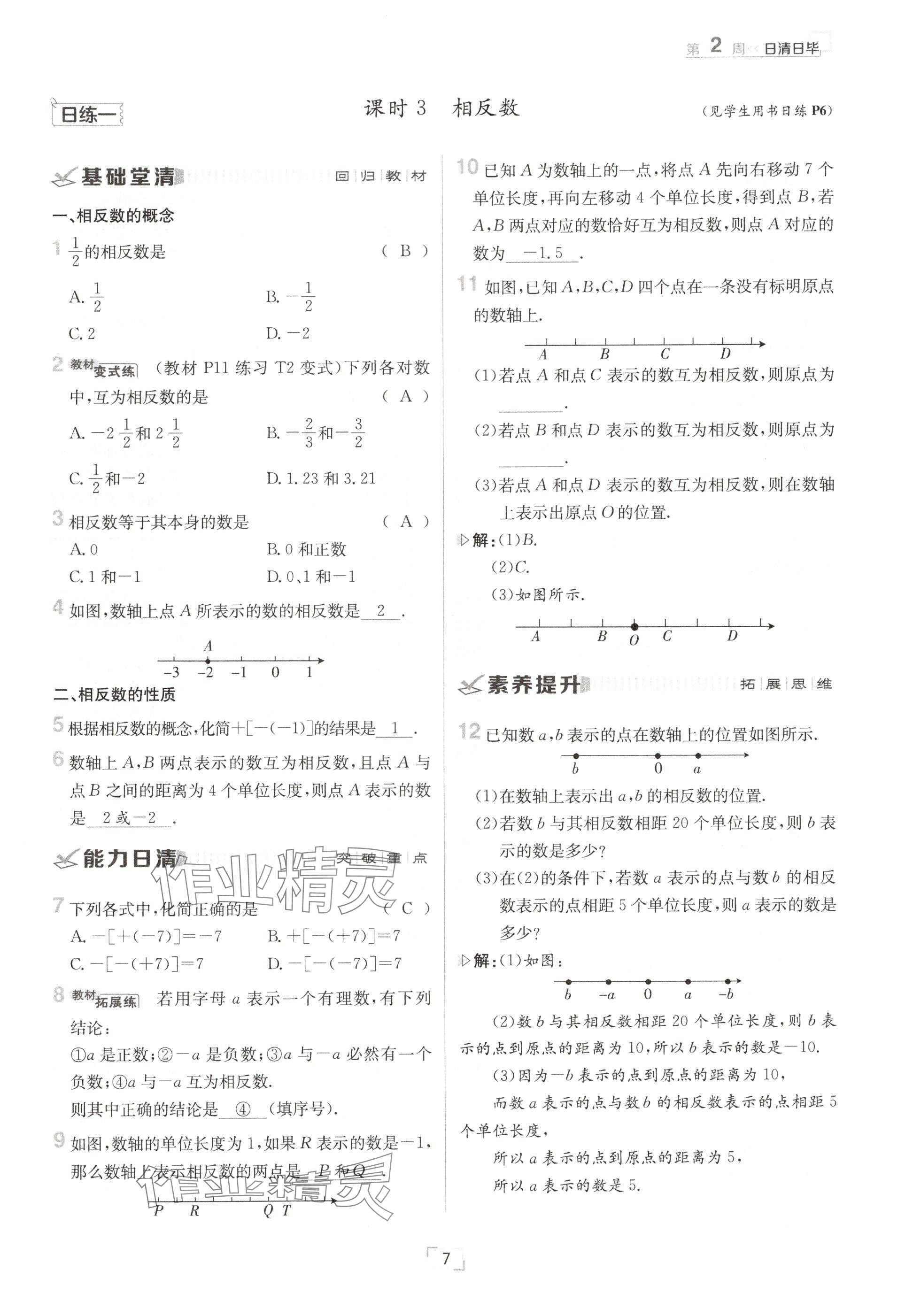 2024年日清周练七年级数学上册沪科版 参考答案第7页