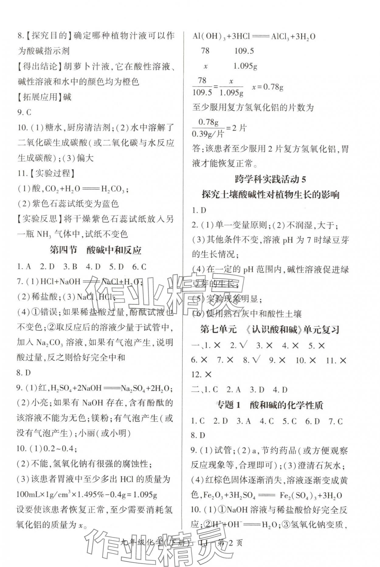 2025年啟航新課堂九年級化學下冊魯教版 參考答案第2頁