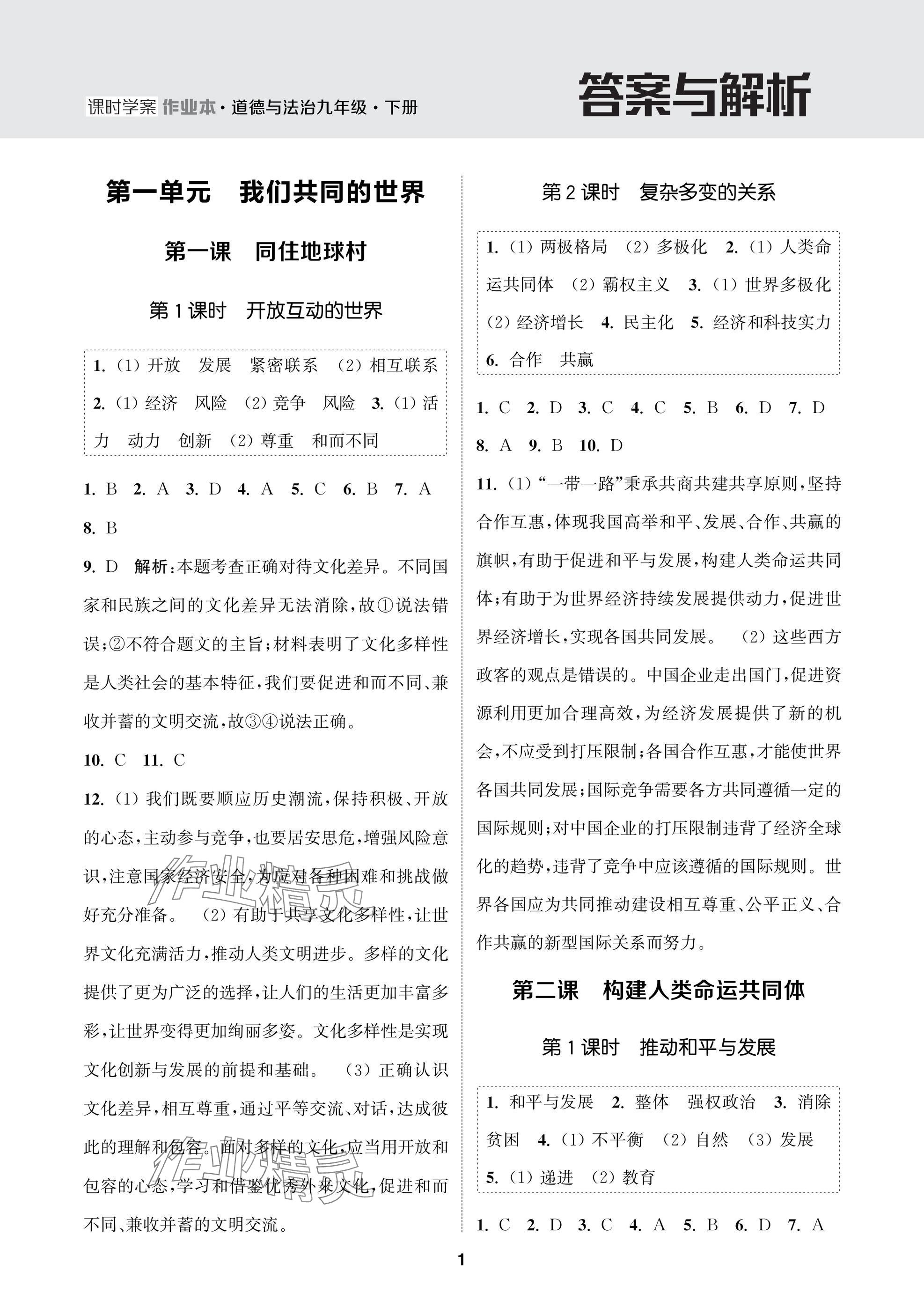 2025年金鑰匙課時學(xué)案作業(yè)本九年級道德與法治下冊人教版 參考答案第1頁