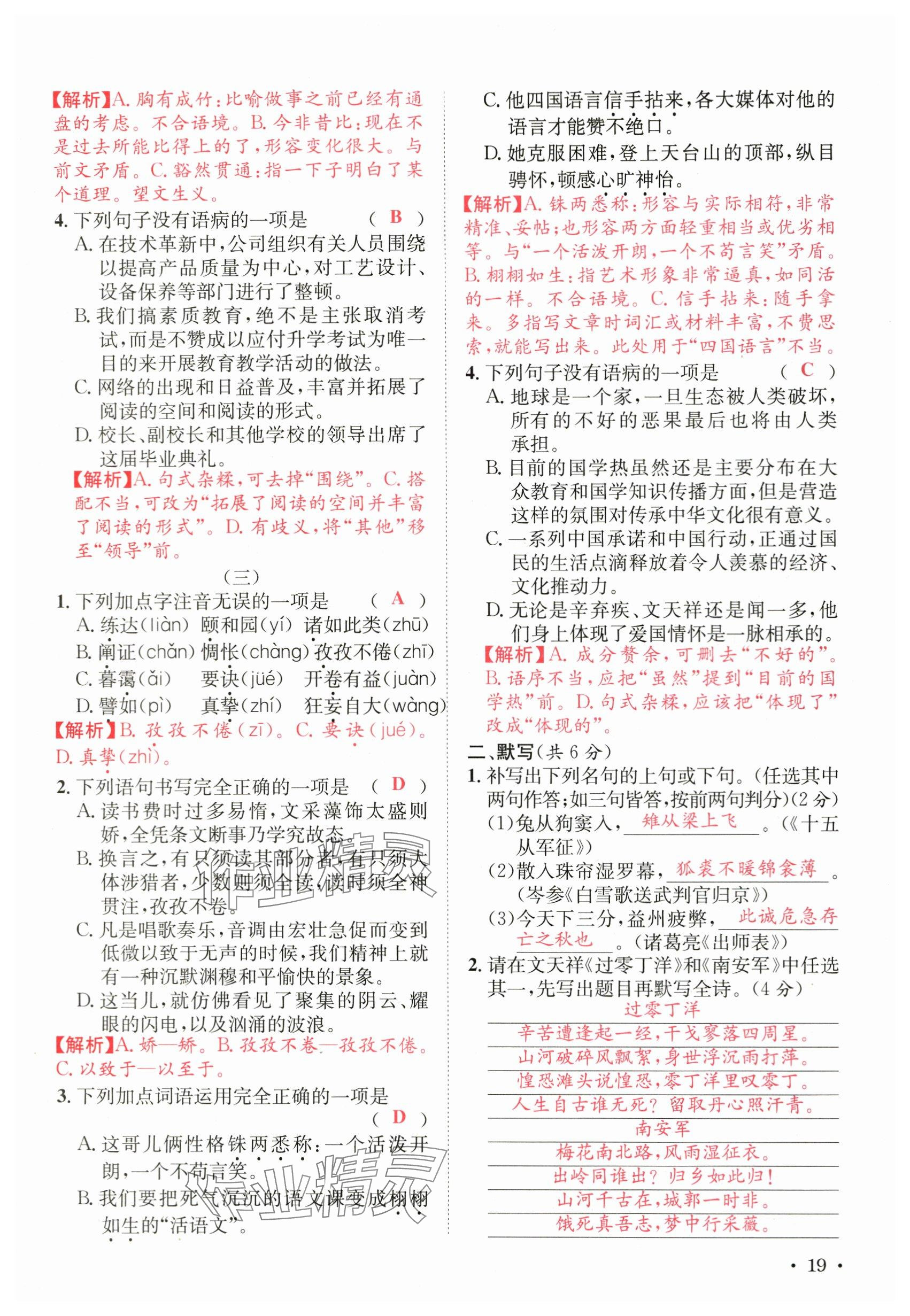 2024年蓉城学霸九年级语文下册人教版 参考答案第19页