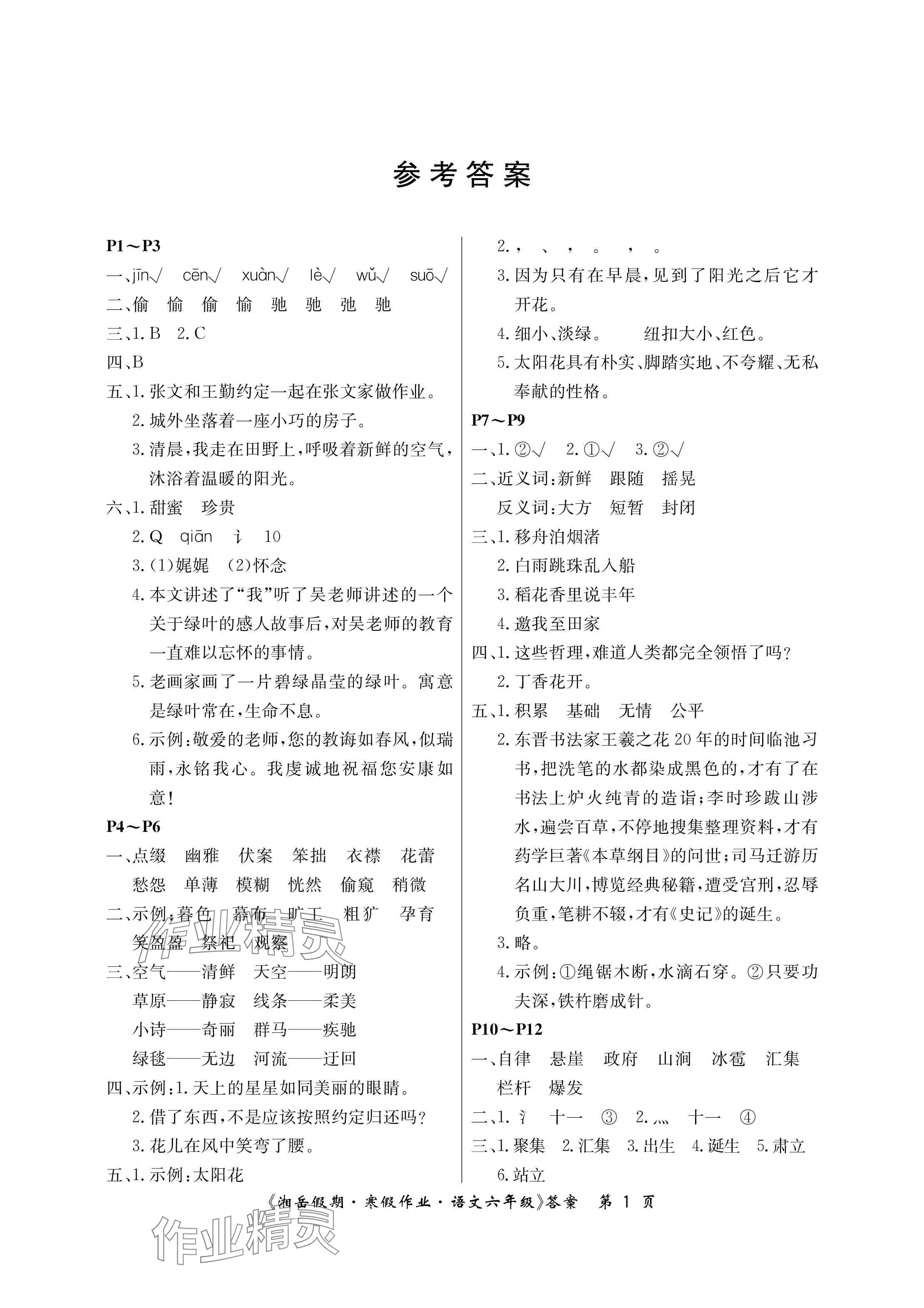 2025年湘岳假期寒假作业六年级语文人教版第三版 参考答案第1页