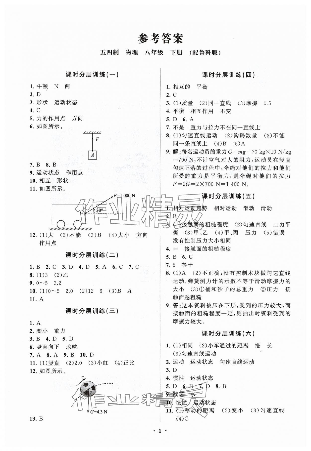 2024年同步練習(xí)冊分層卷八年級物理下冊魯科版54制 參考答案第1頁