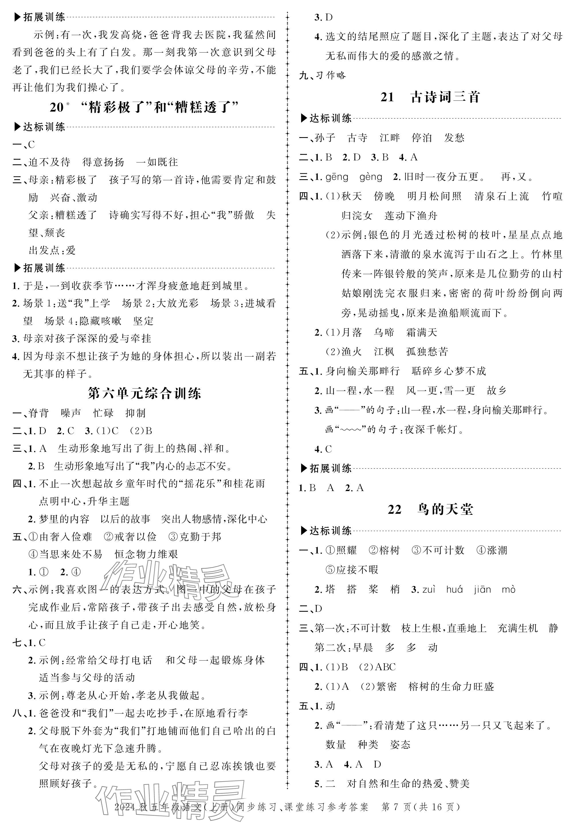 2024年創(chuàng)新作業(yè)同步練習(xí)五年級語文上冊人教版 參考答案第7頁