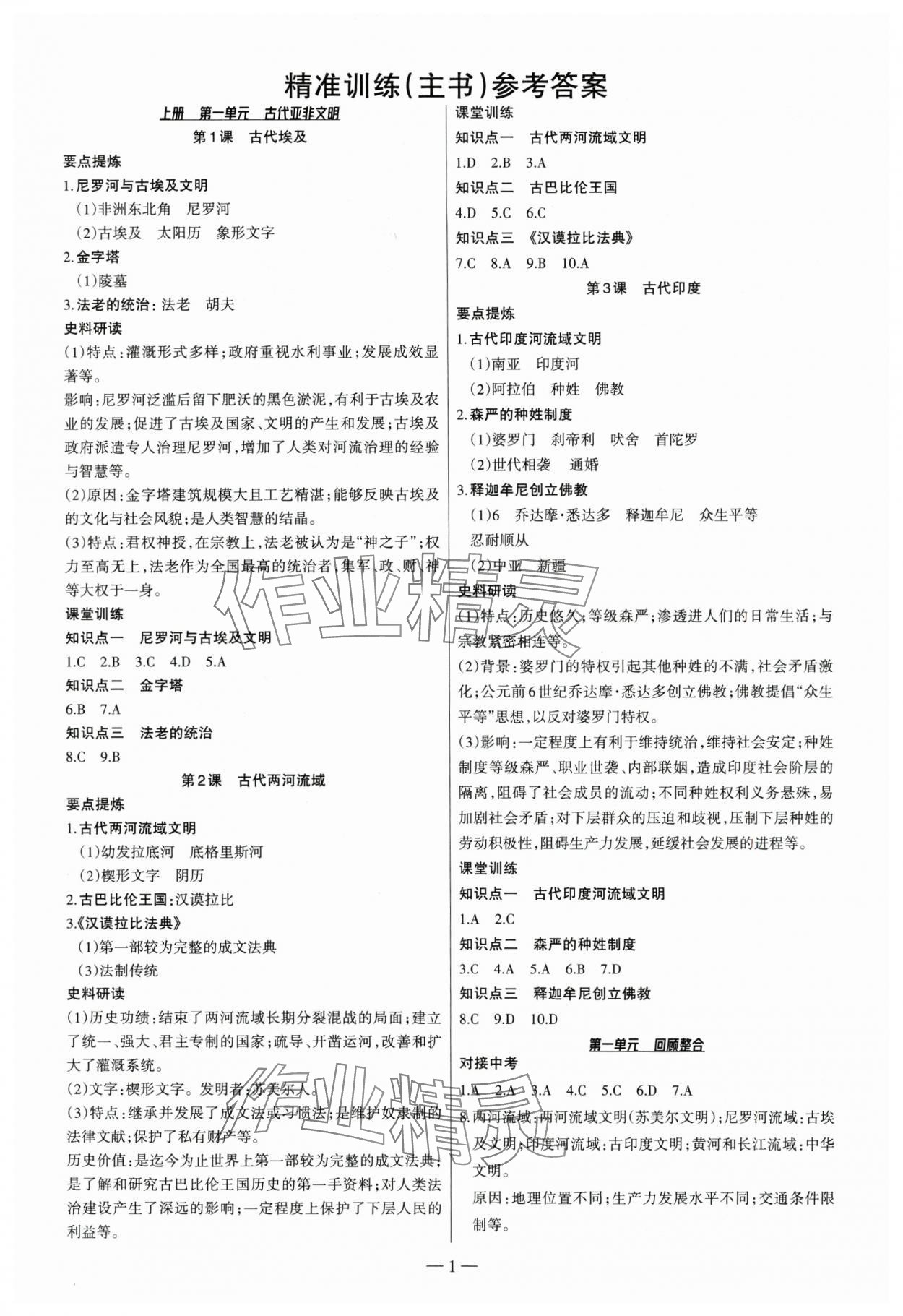 2025年靶心中考精准训练九年级历史全一册人教版广东专版 参考答案第1页
