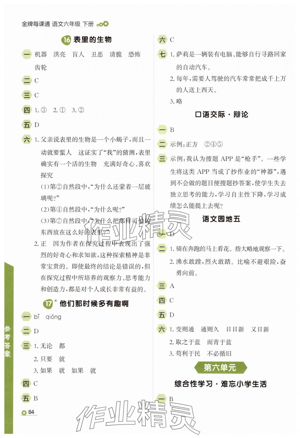 2025年點(diǎn)石成金金牌每課通六年級語文下冊人教版 參考答案第8頁