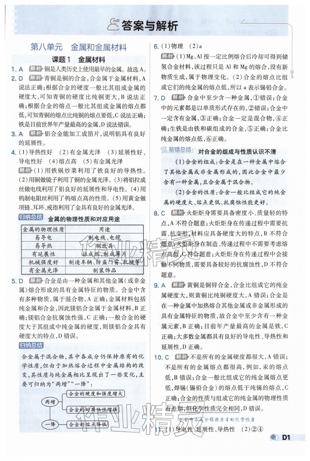 2026年少年班九年级化学下册人教版&nbsp;参考答案第1页
