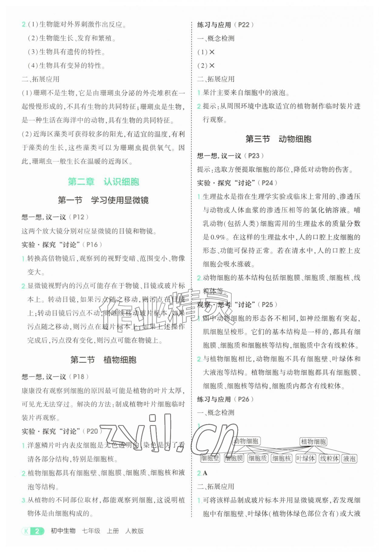 2026年教材课本七年级生物上册人教版&nbsp;参考答案第2页