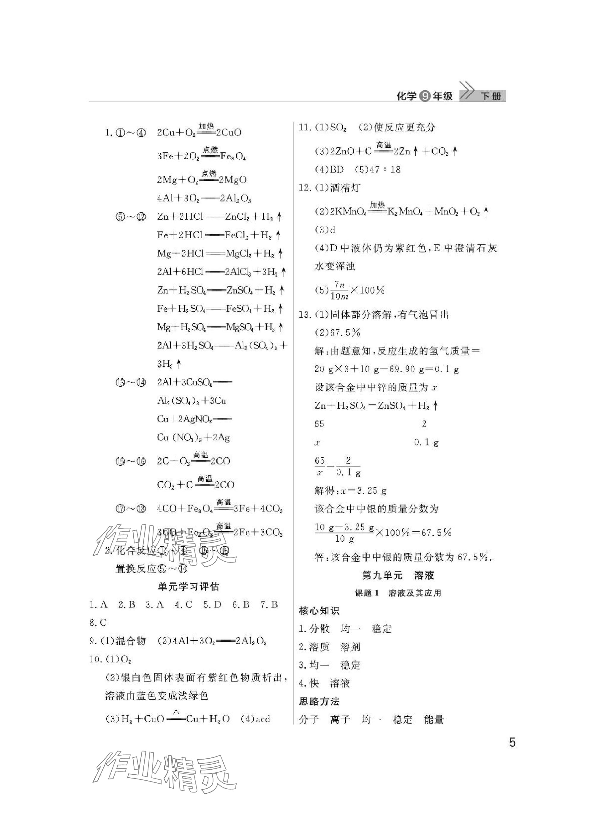 2025年課堂作業(yè)武漢出版社九年級化學(xué)下冊人教版 參考答案第5頁