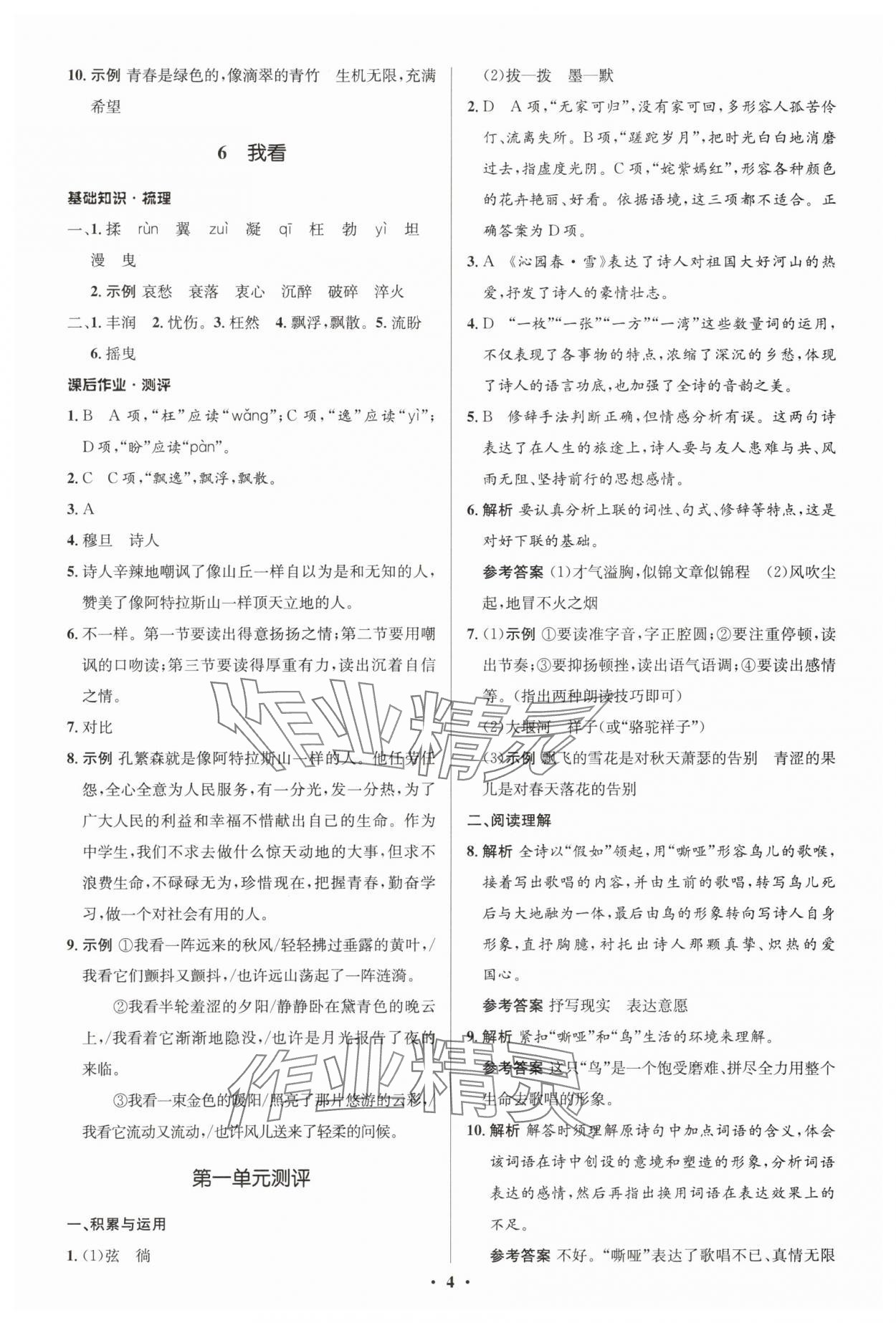 2025年同步解析與測評學考練九年級語文上冊人教版江蘇專版&nbsp;參考答案第4頁