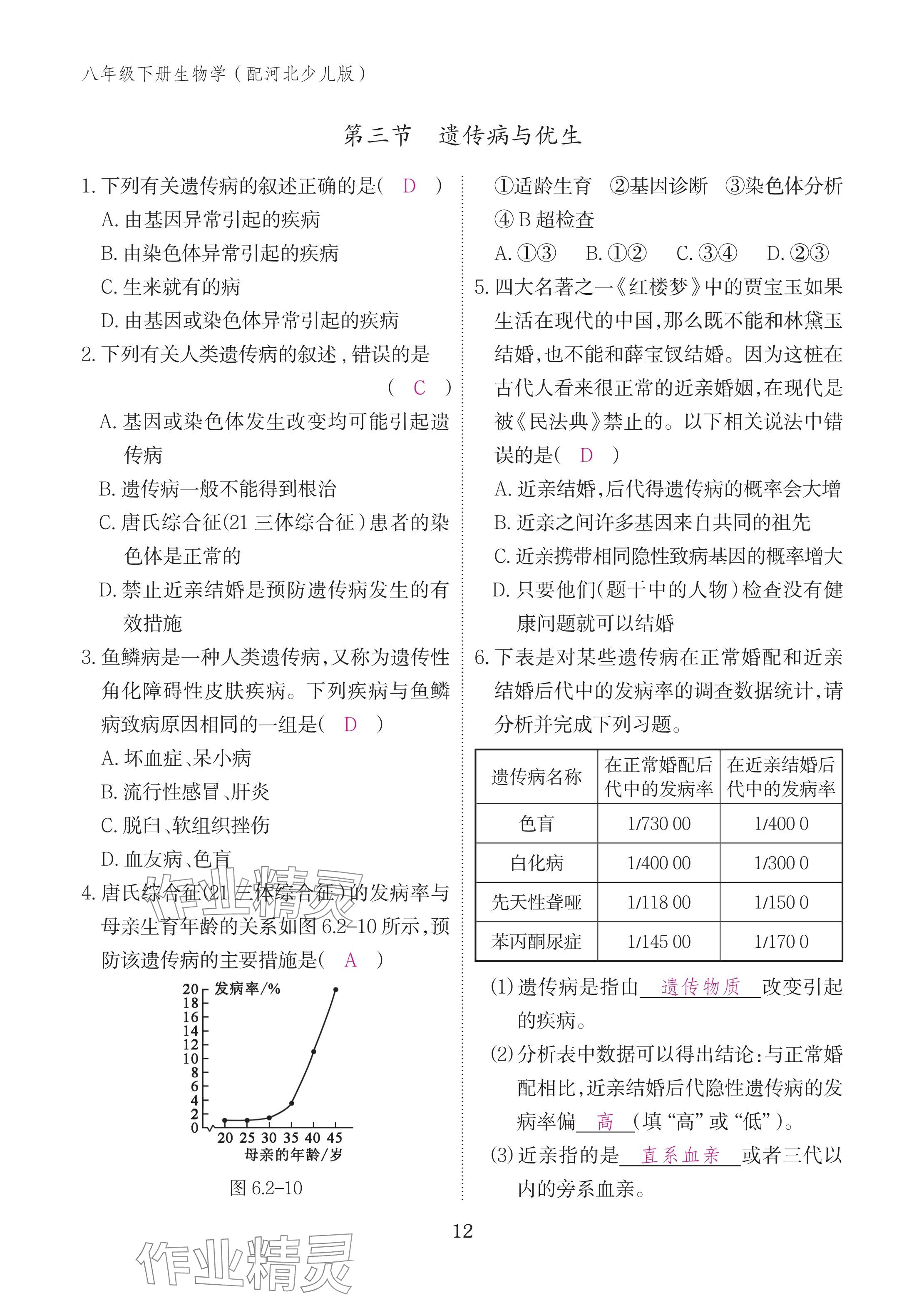 2025年作業(yè)本江西教育出版社八年級(jí)生物下冊(cè)冀少版 參考答案第12頁