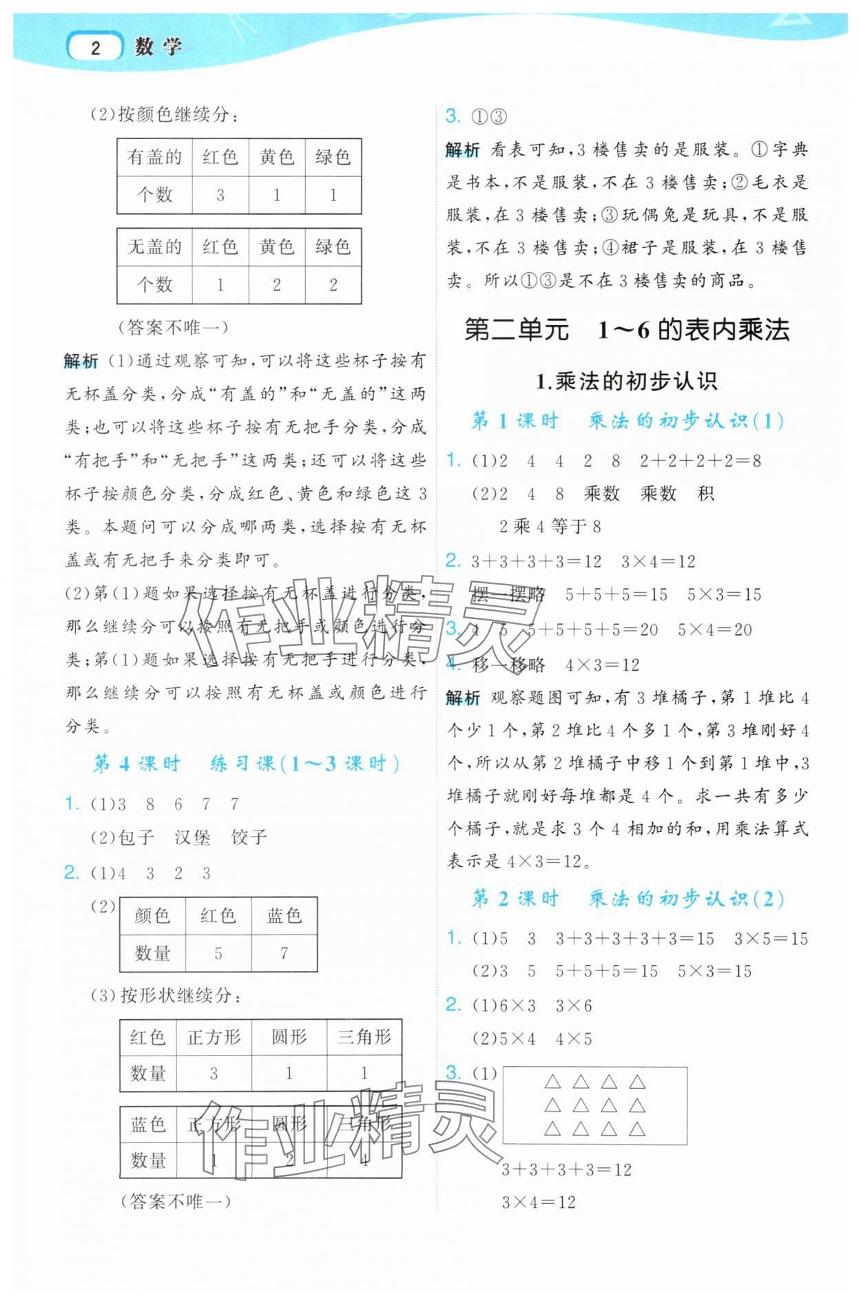 2025年名师面对面先学后练二年级数学上册人教版 参考答案第2页