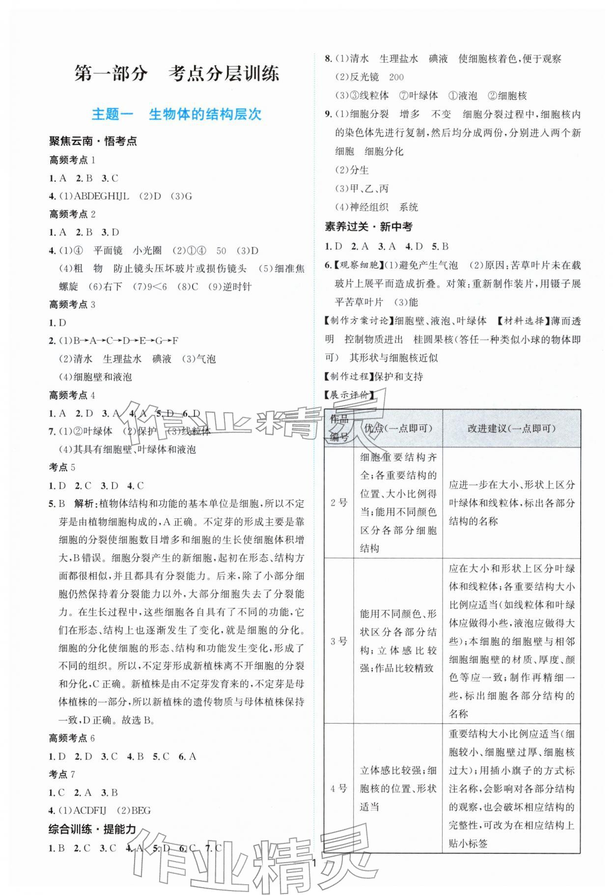 2026年云南中考提分攻略生物&nbsp;参考答案第1页