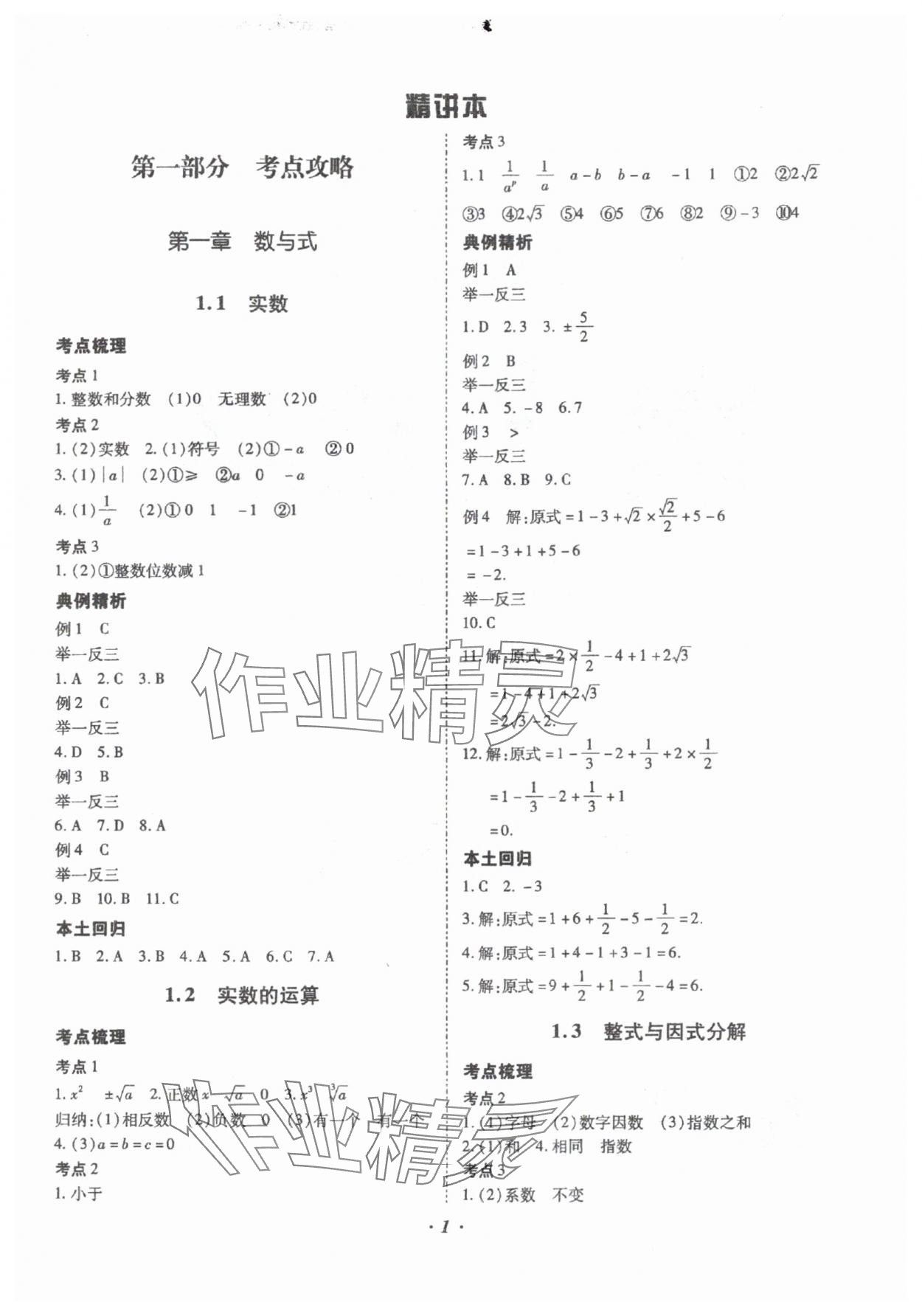 2025年本土攻略精準復習方案數學中考云南專版 參考答案第1頁